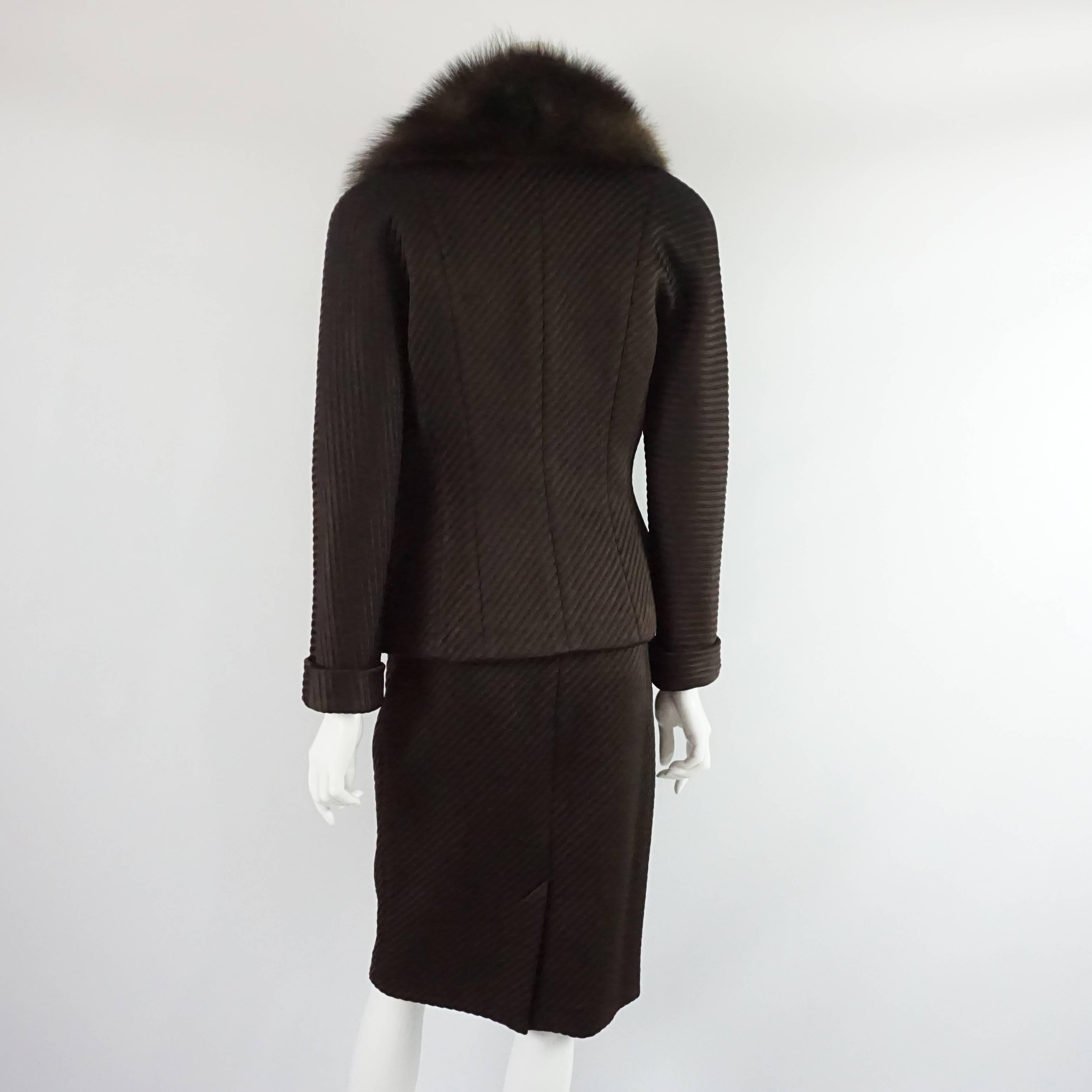 Black Fendi Chocolate Brown Ribbed Skirt Suit with Fisher Fur Collar - 44 - 1970's  For Sale