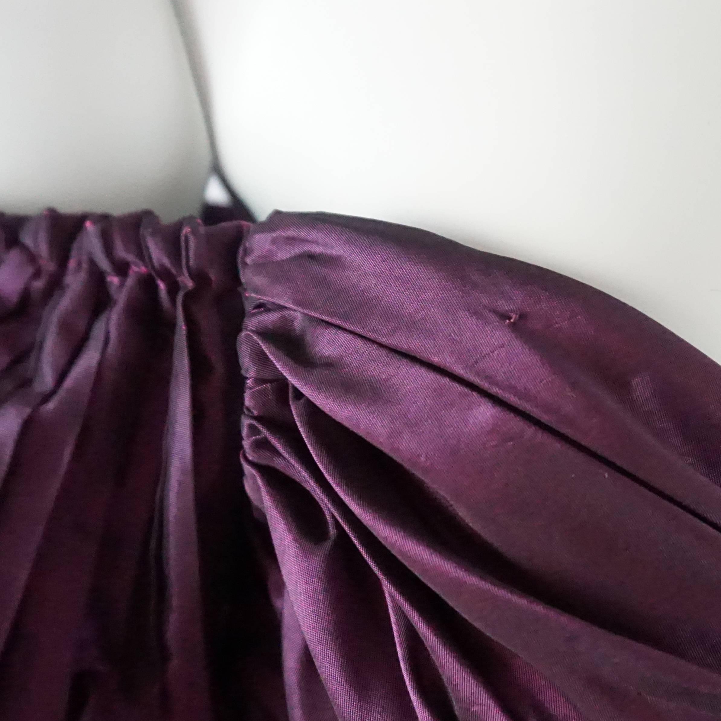 Vicky Tiel Eggplant Pleated Taffeta and Lace Dress - 46 - 1980's In Excellent Condition For Sale In West Palm Beach, FL