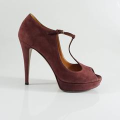 Gucci Burgundy Suede T-Strap Platform Heels - 38.5