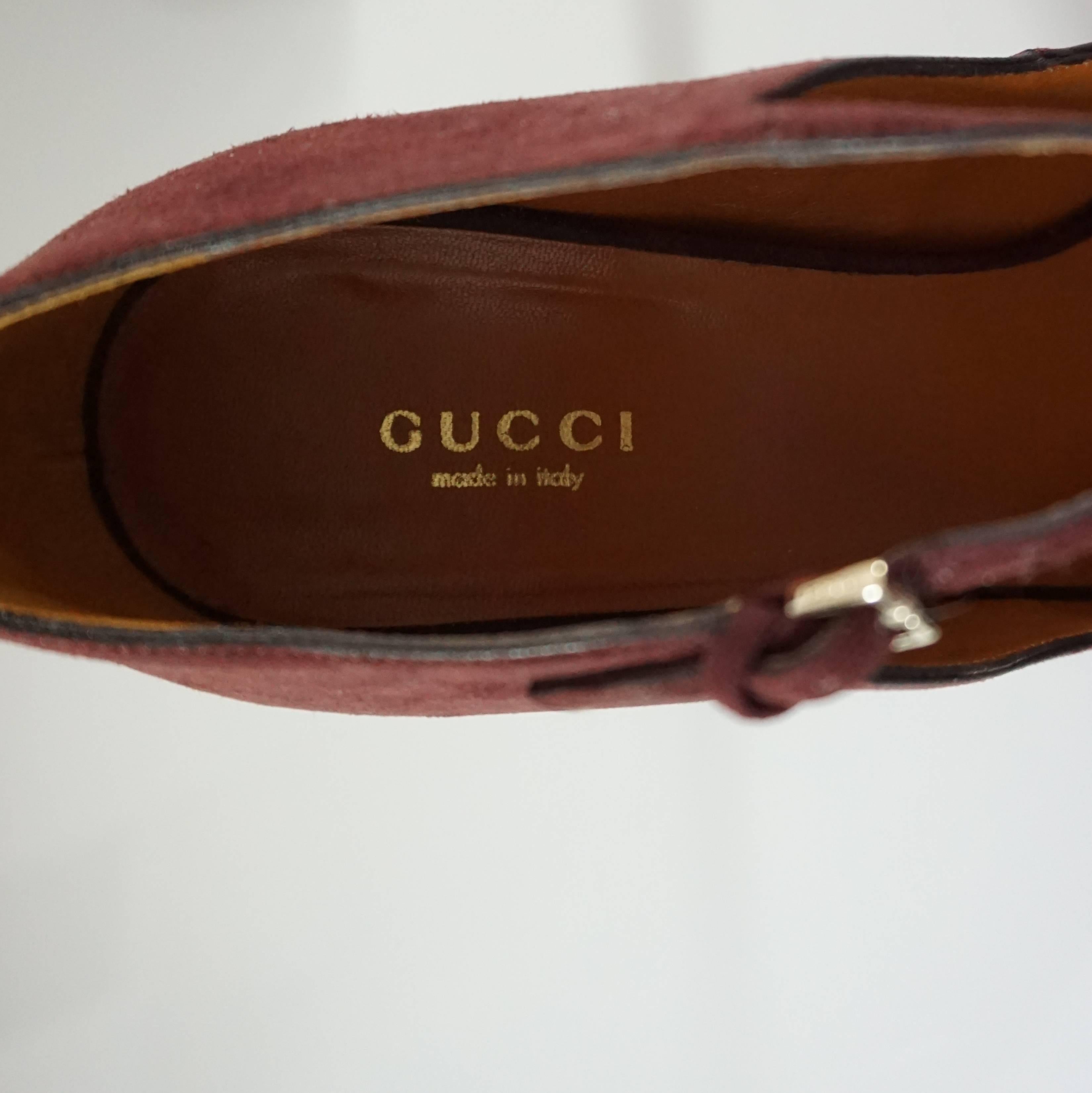 Women's Gucci Burgundy Suede T-Strap Platform Heels - 38.5