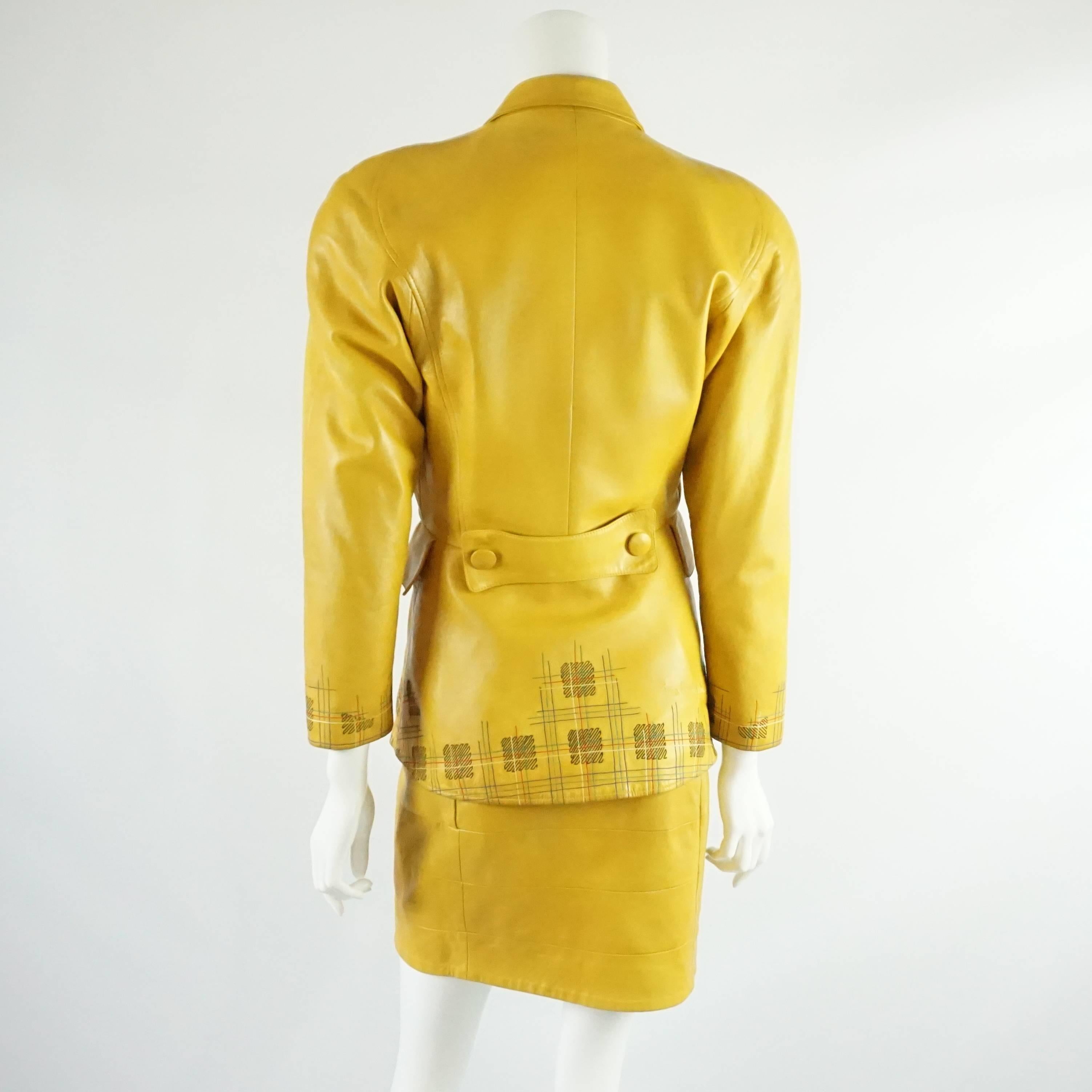 Jean Claude Jitrois Yellow Leather Skirt Suit with Stitched Design - 40 - 1980's In Good Condition In West Palm Beach, FL