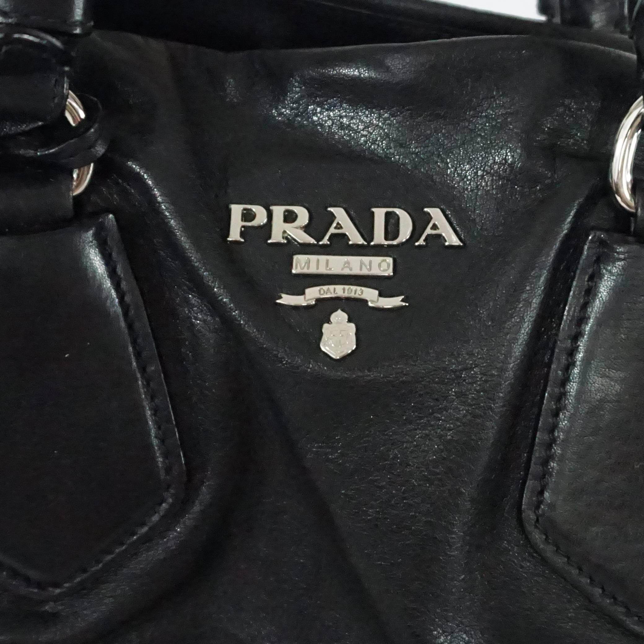 Prada Black Leather Shoulder Bag with Crossbody Strap and Charm - SHW - 1
