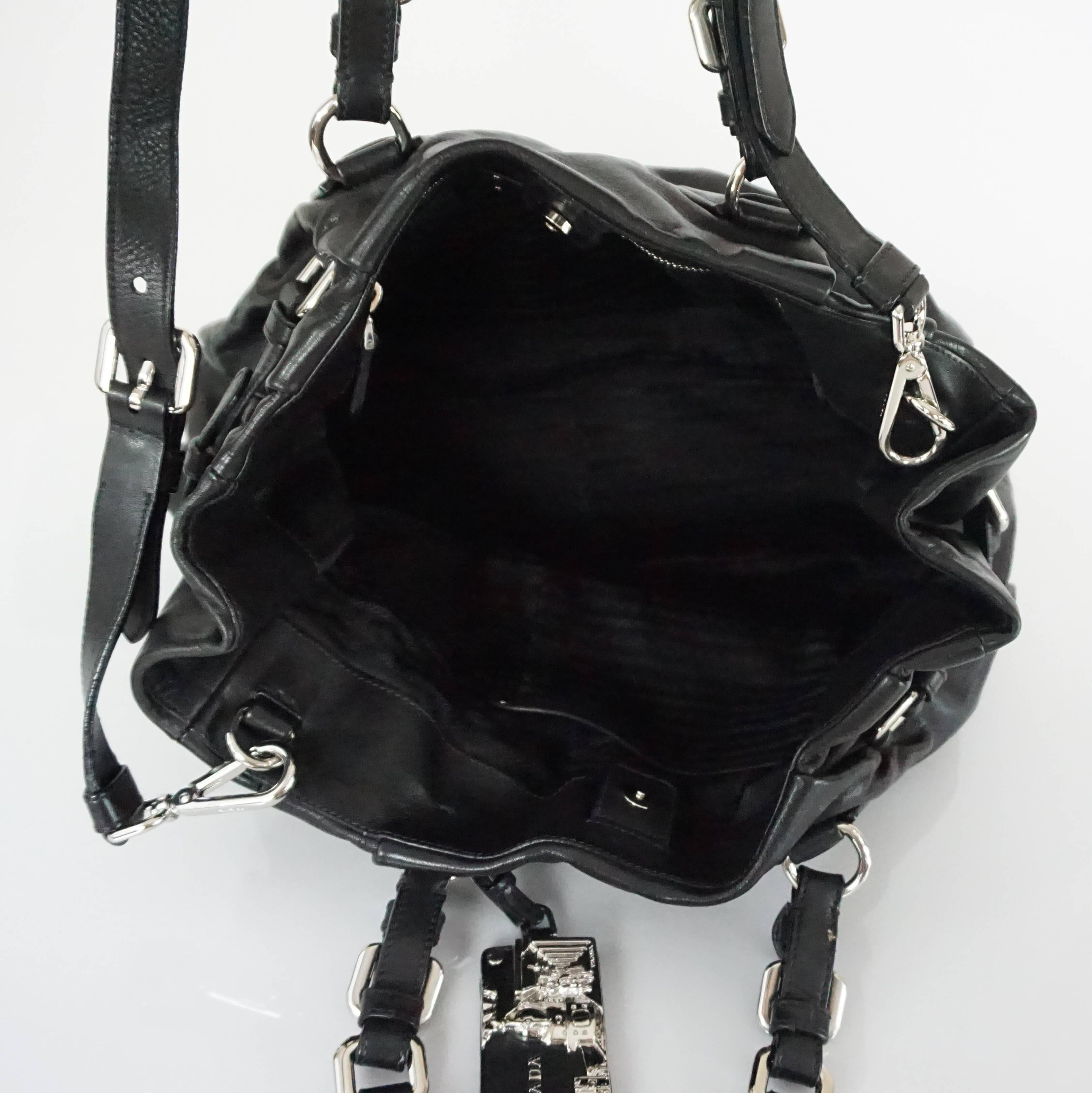 Prada Black Leather Shoulder Bag with Crossbody Strap and Charm - SHW - 2