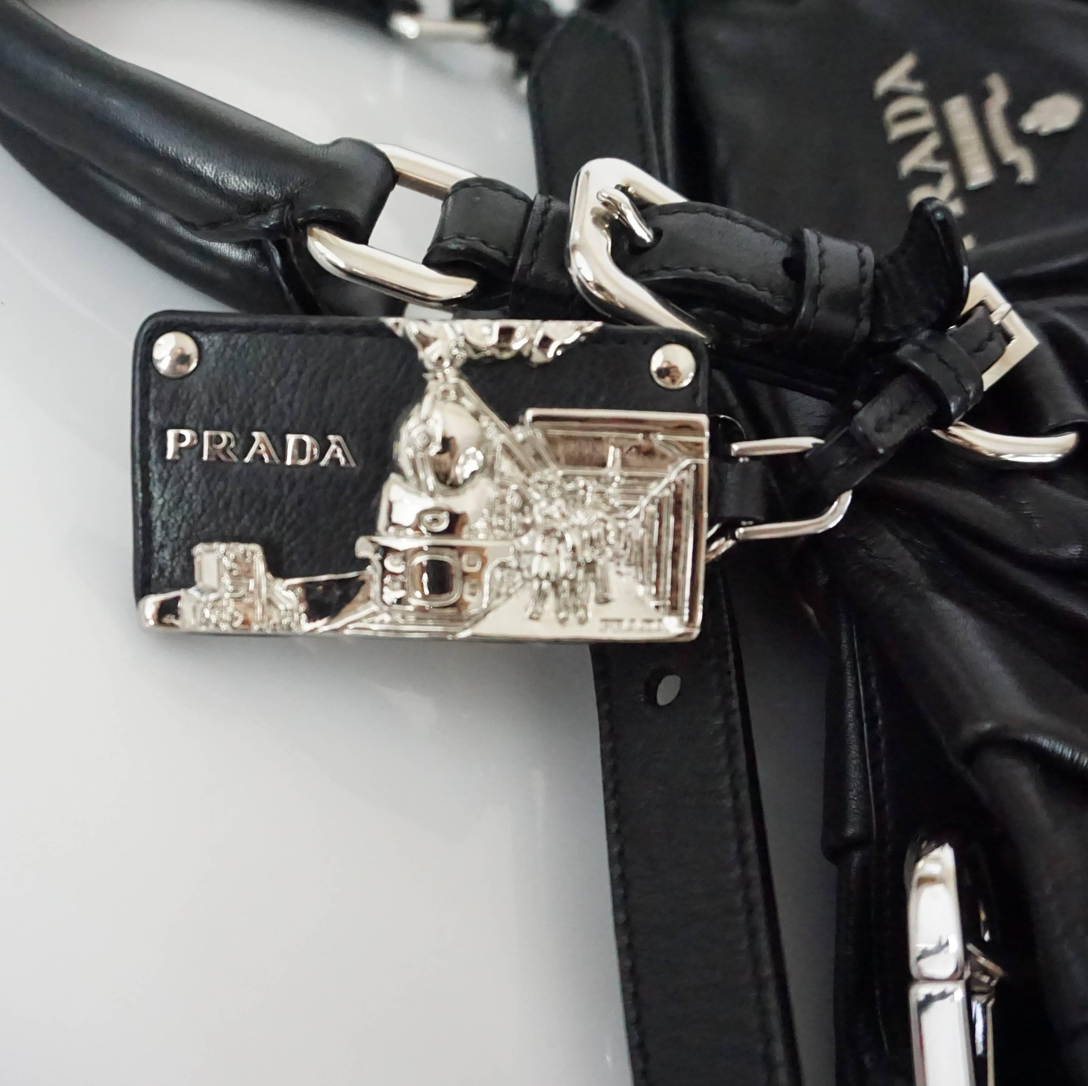Prada Black Leather Shoulder Bag with Crossbody Strap and Charm - SHW - 3