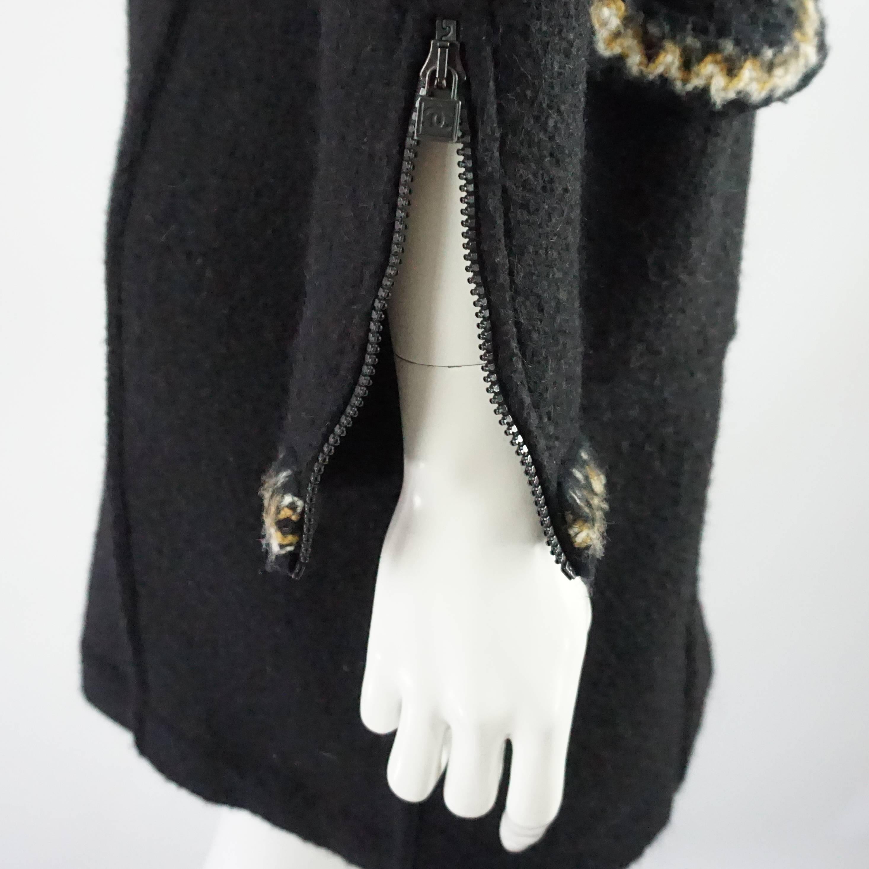 Women's Chanel Black Wool Blend 3/4 Coat with Beige Trim - 36 