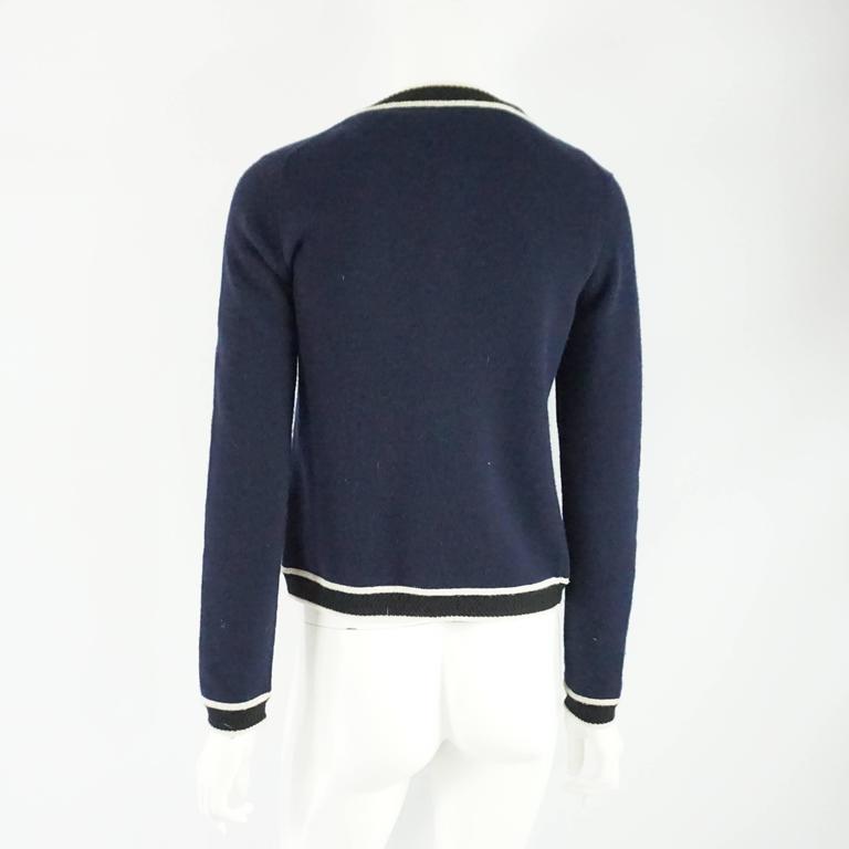 Chanel Navy Cashmere Sweater Set with Black and White Trim - 38 at ...