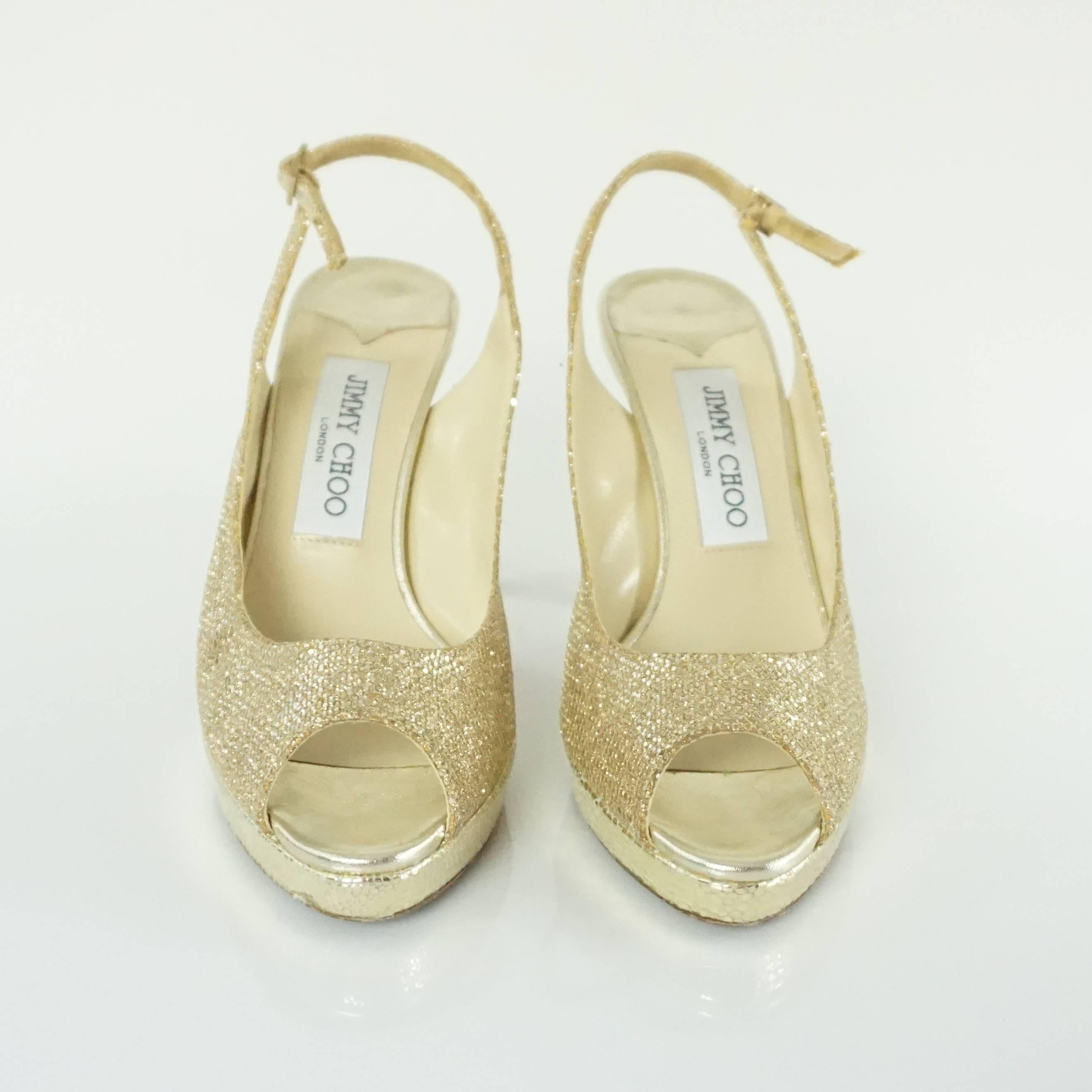 Jimmy Choo Gold Glitter Slingbacks - 36.5 In Excellent Condition In West Palm Beach, FL