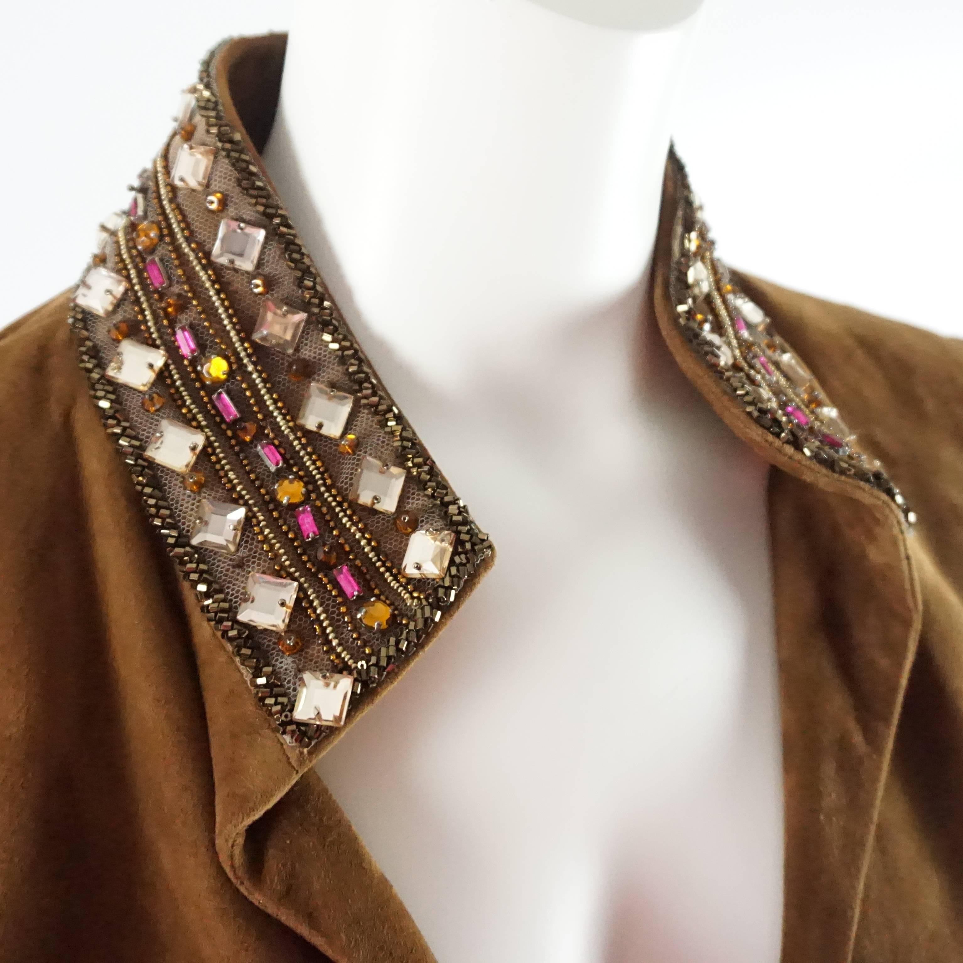 Women's Valentino Brown Suede Belted Jacket with Jeweled Neckline - 8