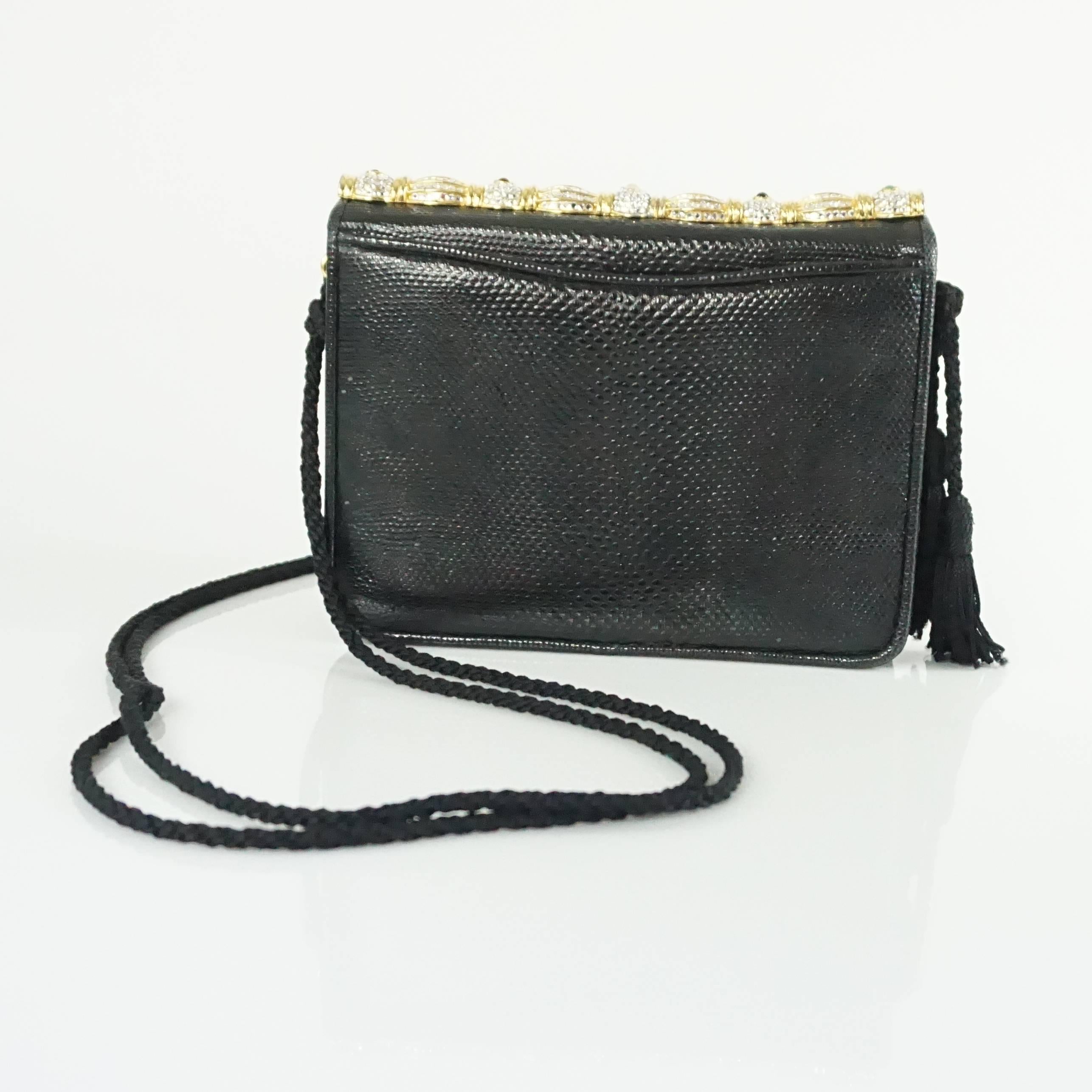 Judith Leiber Black Lizard Crossbody and Clutch with Rhinestone Top  In Excellent Condition In West Palm Beach, FL