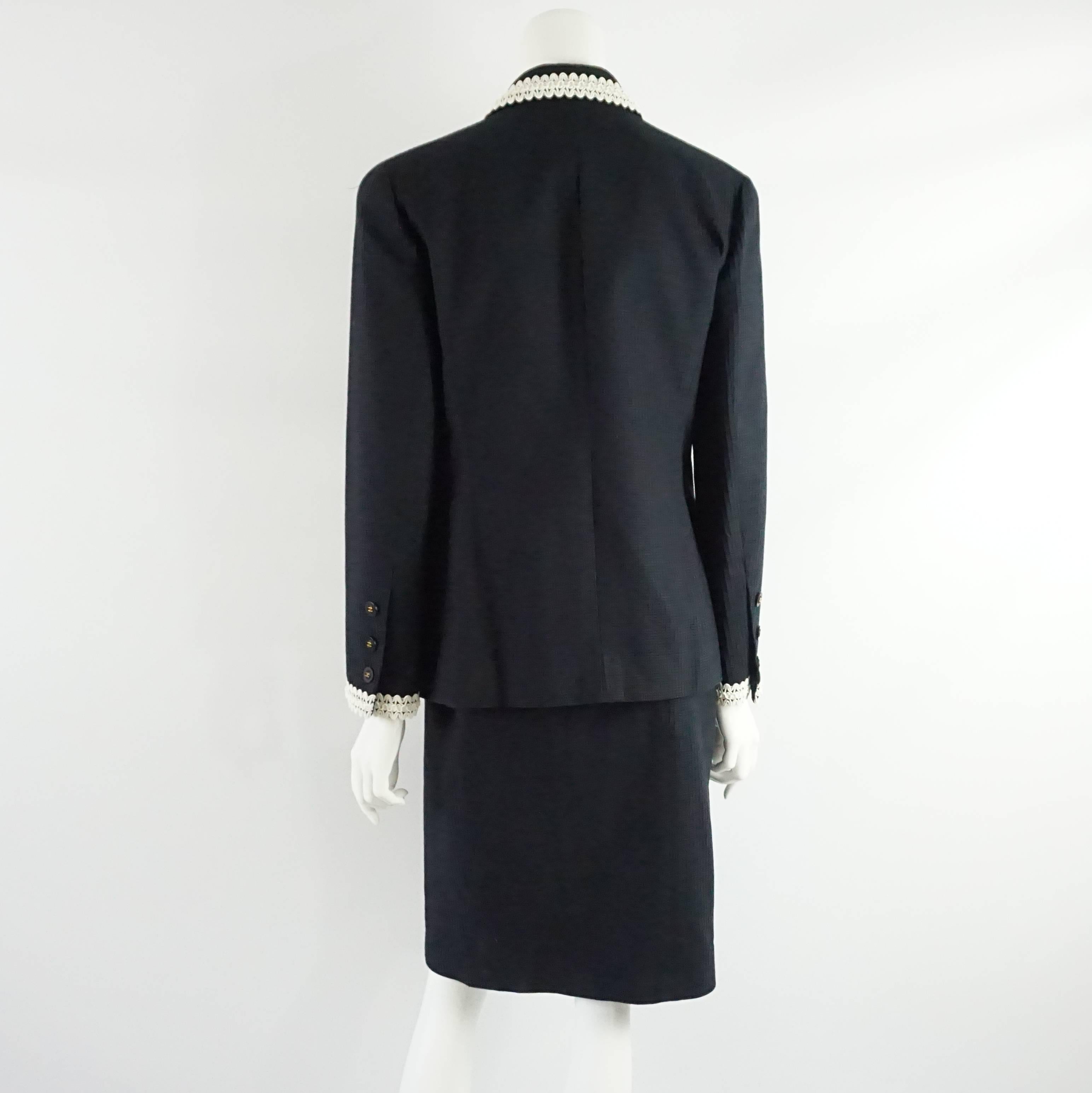 Black Chanel Navy Textured Cotton Skirt Suit with PVC Lace Trim Detail-42-94P