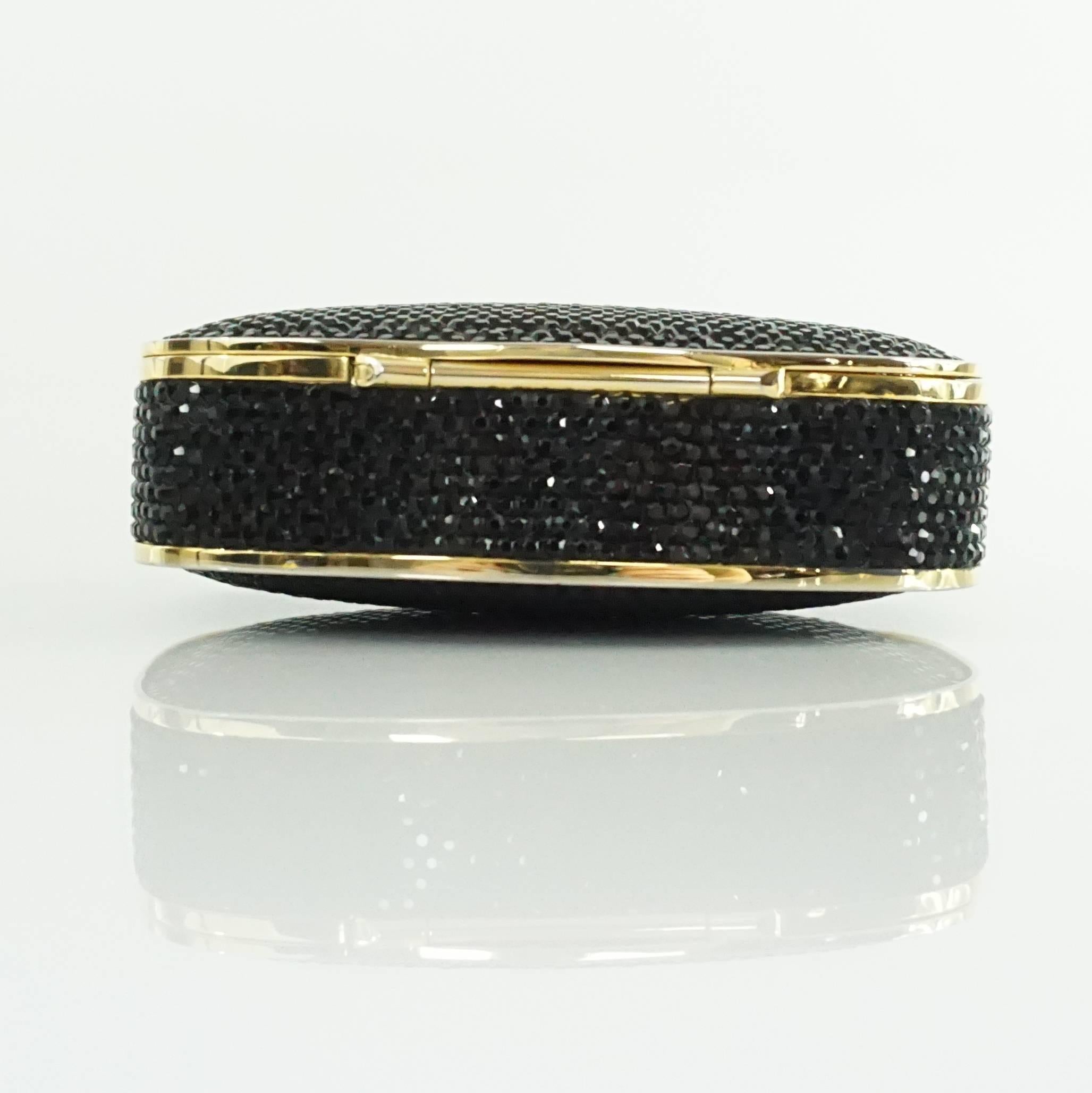 Judith Leiber Black Rhinestone and Gold Frame Small Minaudiere  In Excellent Condition In West Palm Beach, FL