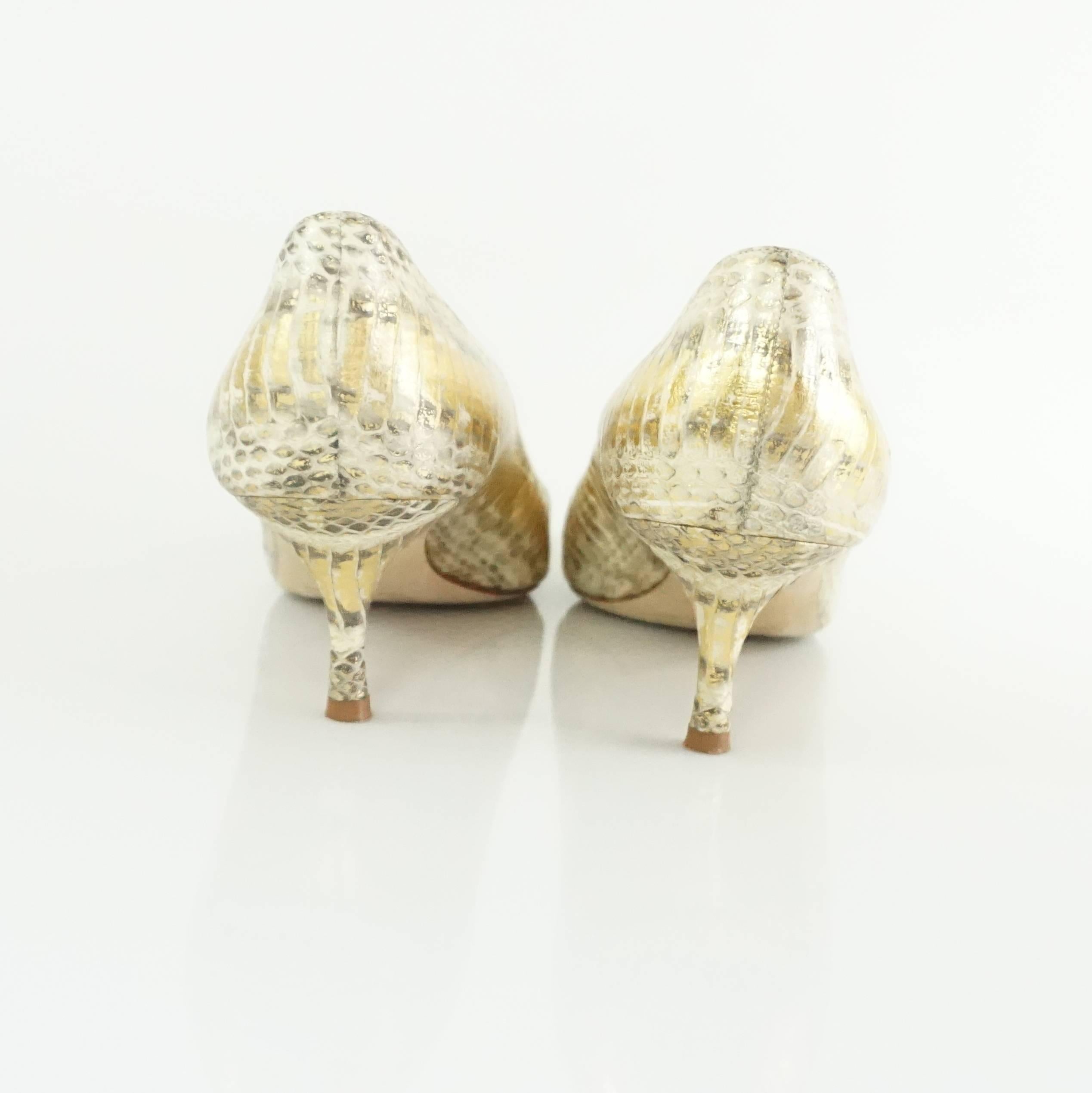 Women's Manolo Blahnik Gold Python Pointed Toe Pumps and kitten heel- 38