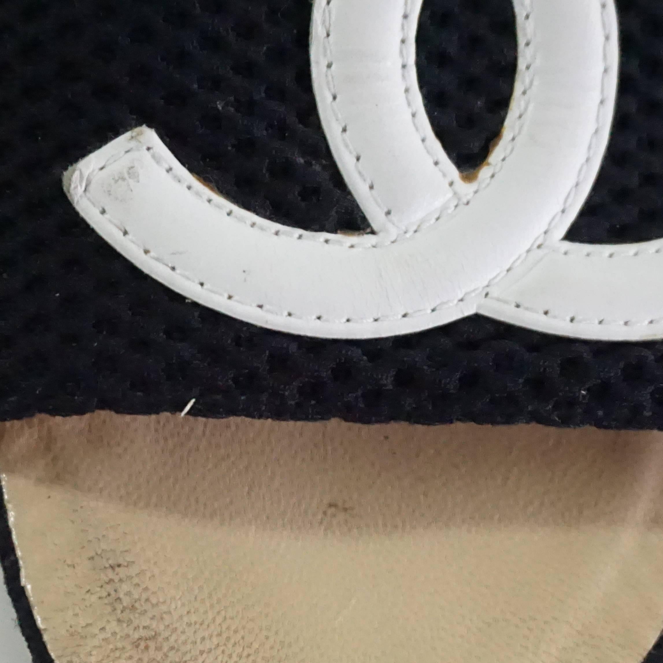 Women's Chanel Black Wood Platform Sandals with White 