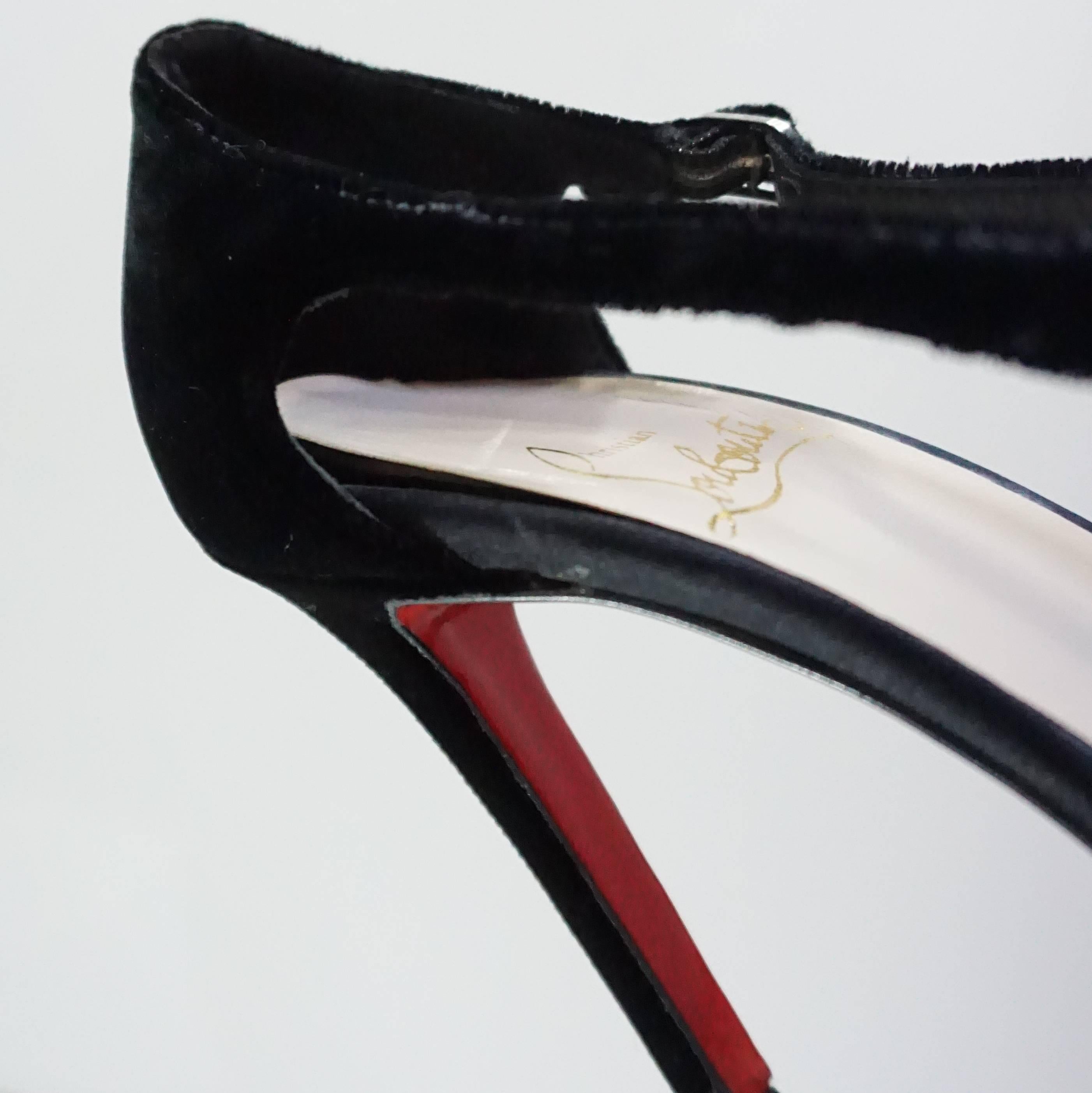 Christian Louboutin Black Velvet Sandals with Rhinestone Cluster - 36.5 For Sale 1