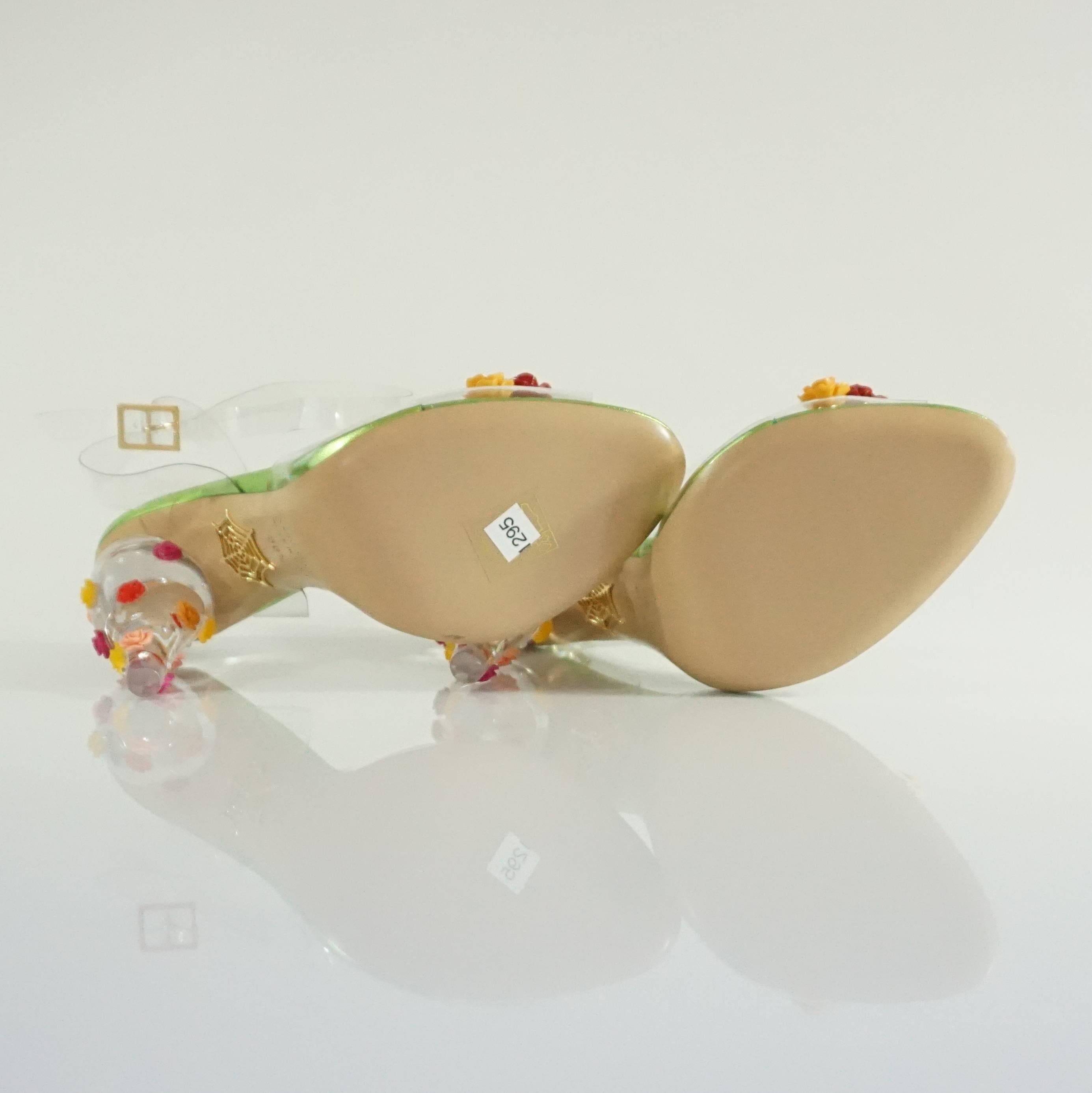 Charlotte Olympia Clear Jelly Lucite Heels with Multi Flowers - 36.5  In New Condition In West Palm Beach, FL