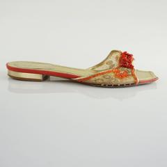 Rene Caovilla Gold and Red Mesh Beaded Slides - 36