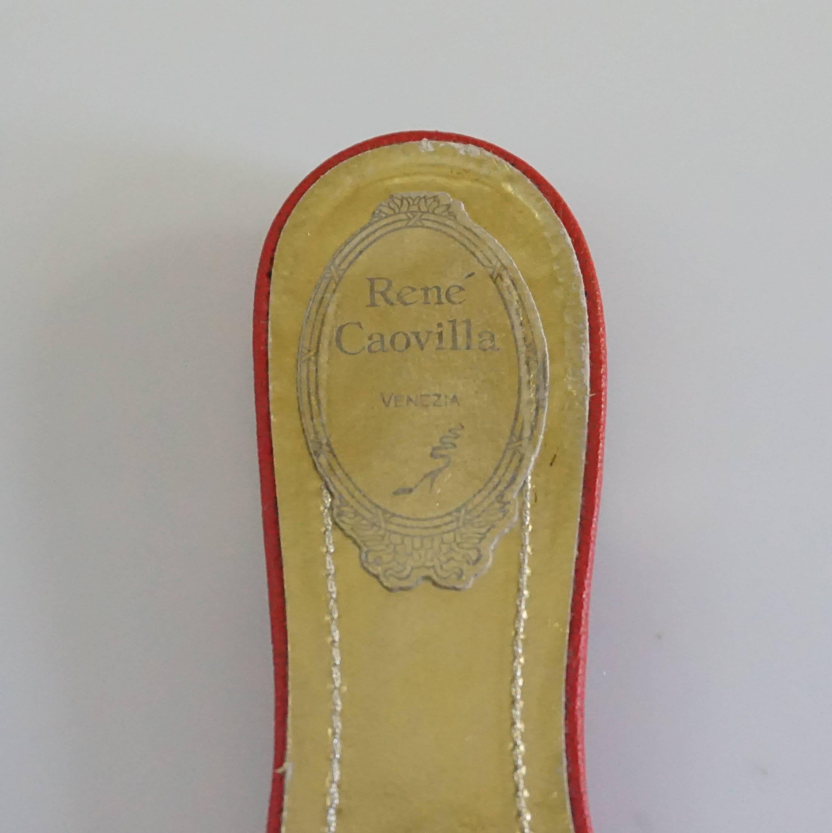 Women's Rene Caovilla Gold and Red Mesh Beaded Slides - 36 For Sale