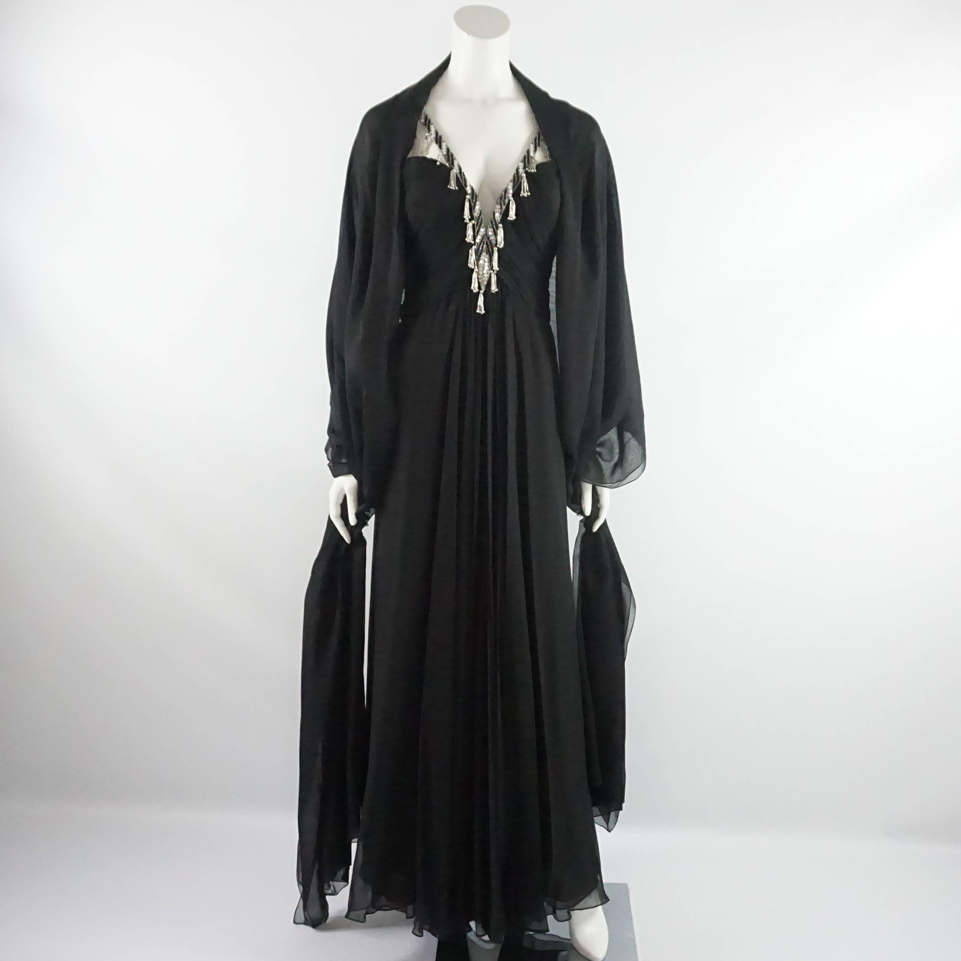 Bob Mackie Black Silk Chiffon Halter Gown with Beading and Shawl -8- Circa 1980s 1