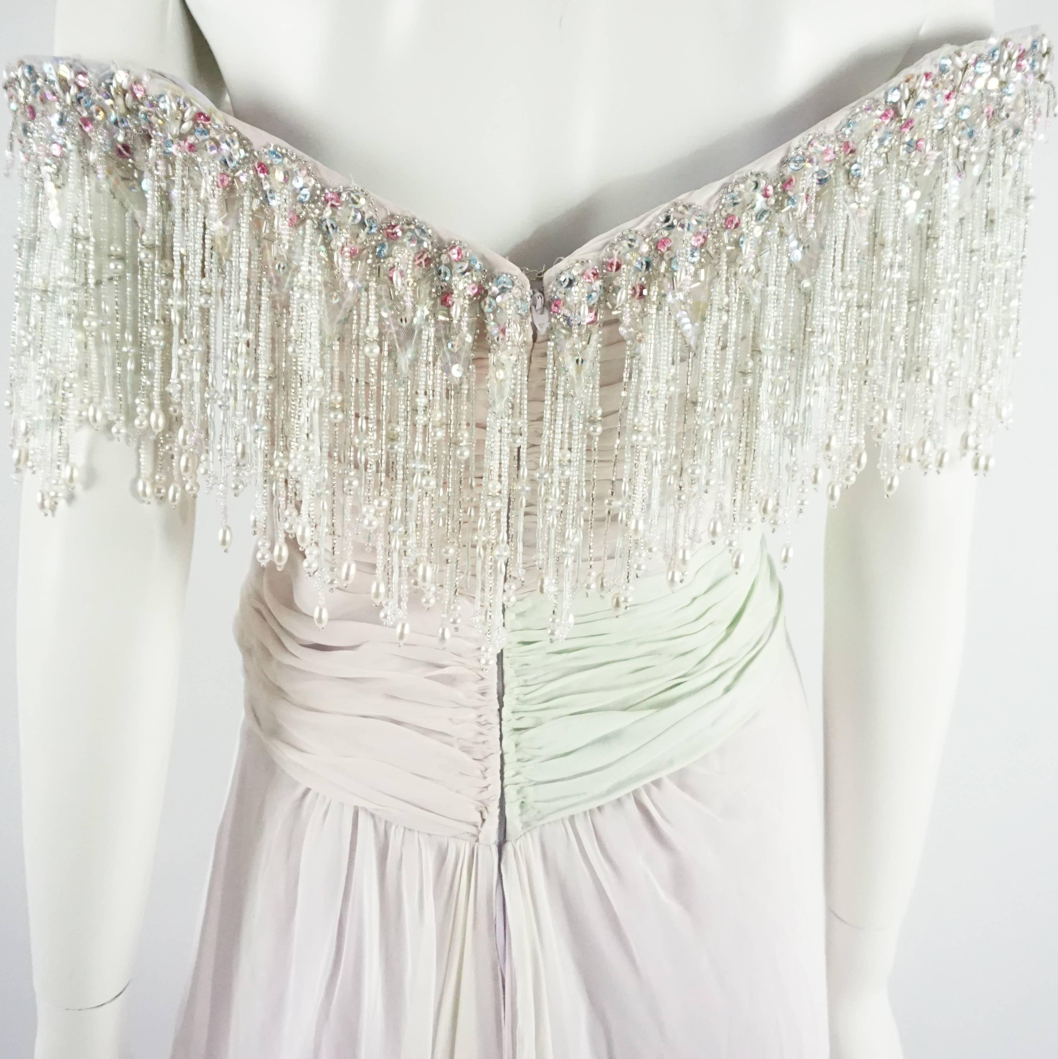 Bob Mackie Pastels Silk Chiffon Gown with Hanging Beads - 6 - circa 1980's In Excellent Condition In West Palm Beach, FL