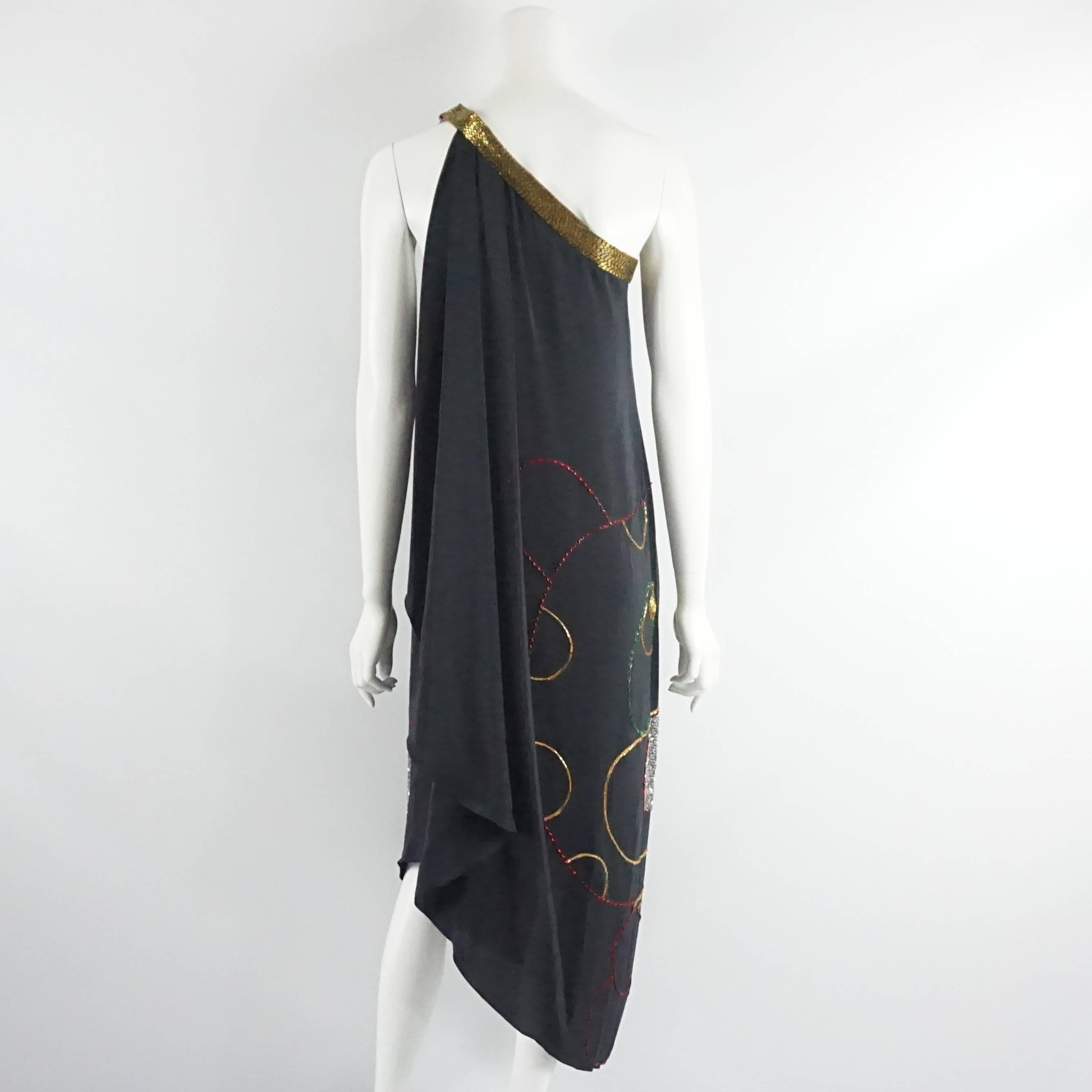 Bob Mackie Black Silk One Shoulder Dress with Beading - M - circa 1970's In Excellent Condition In West Palm Beach, FL