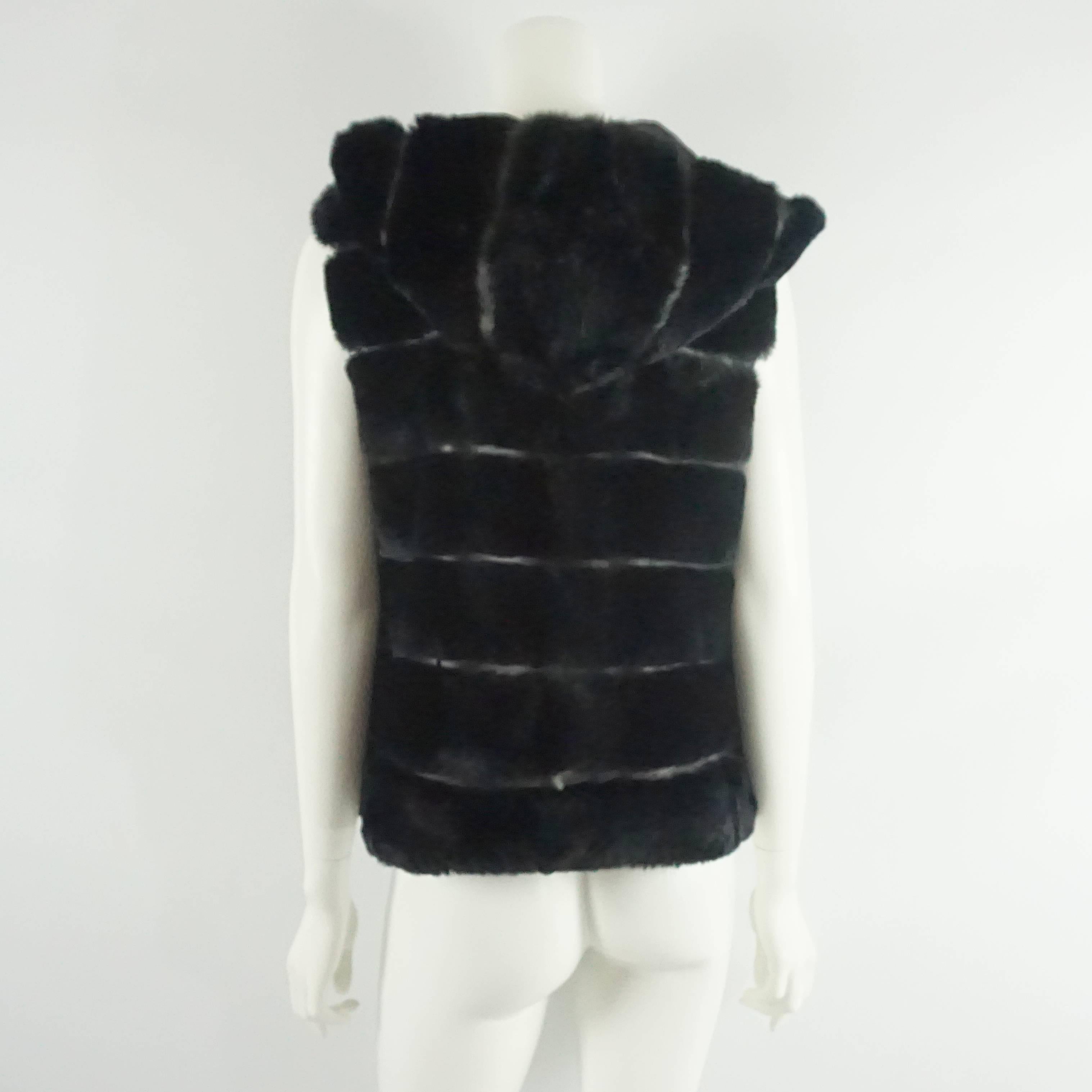 Olivia Preckel Black Sheared Beaver and Leather Vest with Hood - S/M In Excellent Condition In West Palm Beach, FL