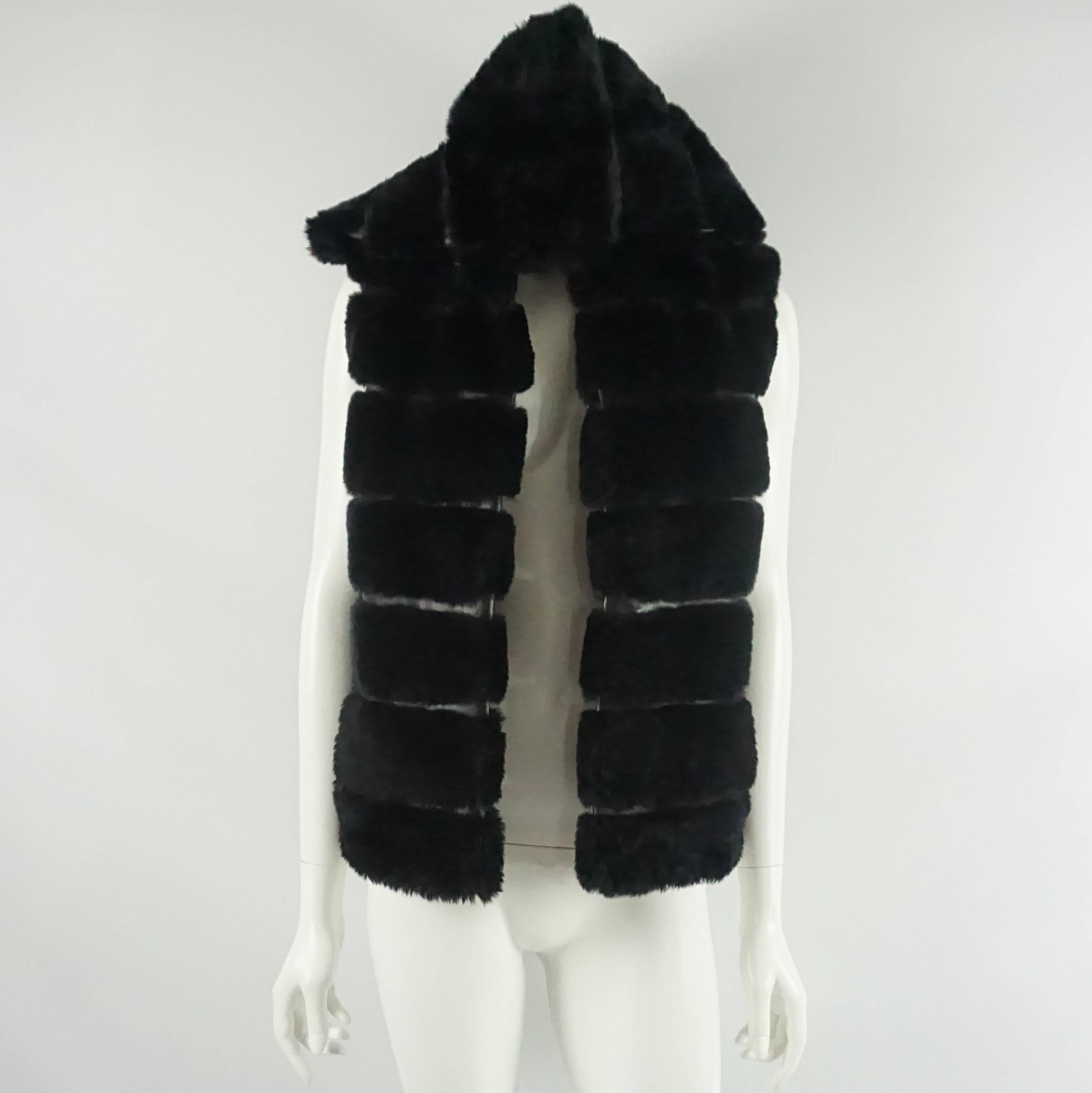 Women's Olivia Preckel Black Sheared Beaver and Leather Vest with Hood - S/M