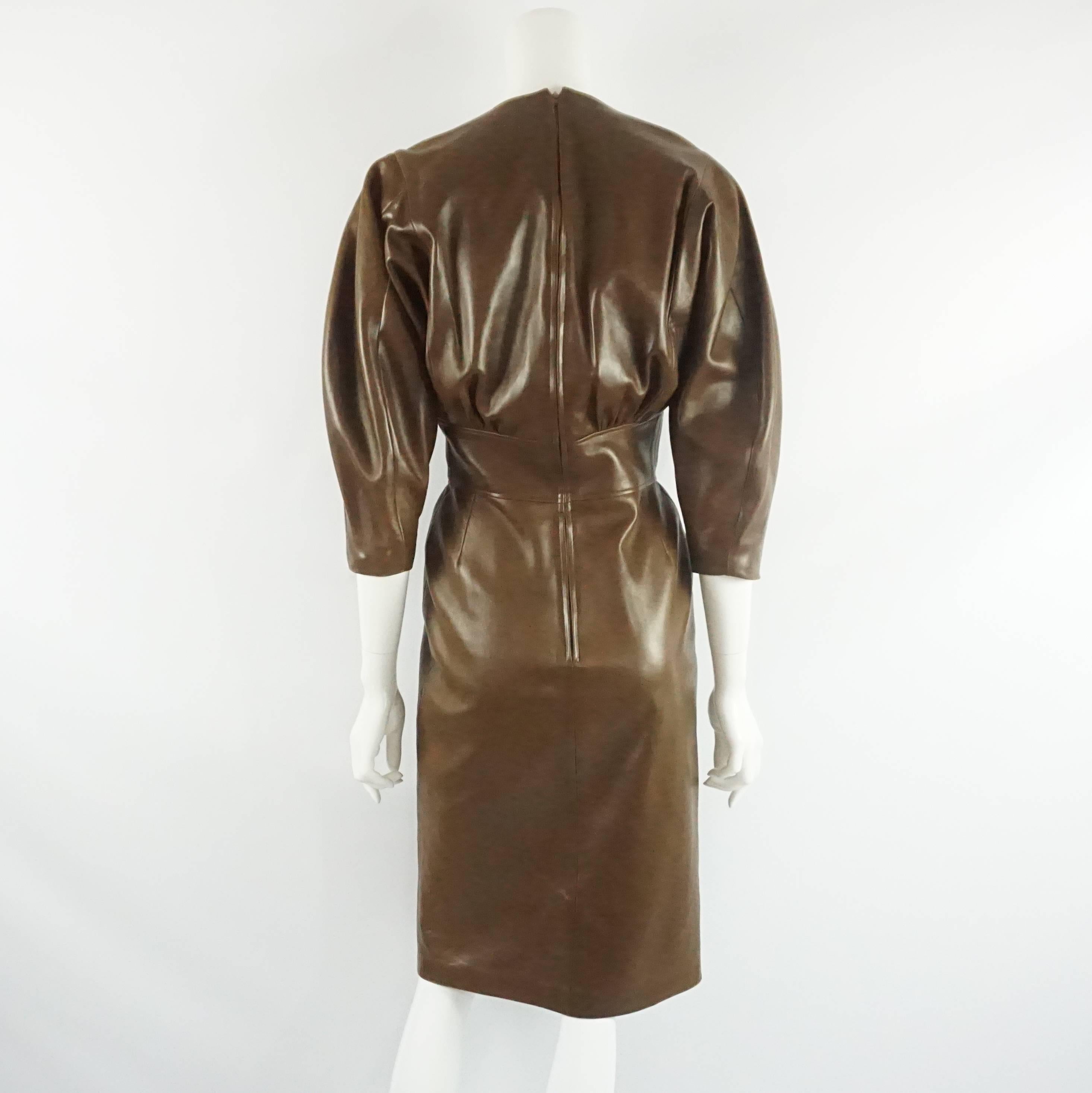 Jean Claude Jitrois Brown Leather Long Sleeve Dress - 6 -  circa 1980's  In Good Condition In West Palm Beach, FL