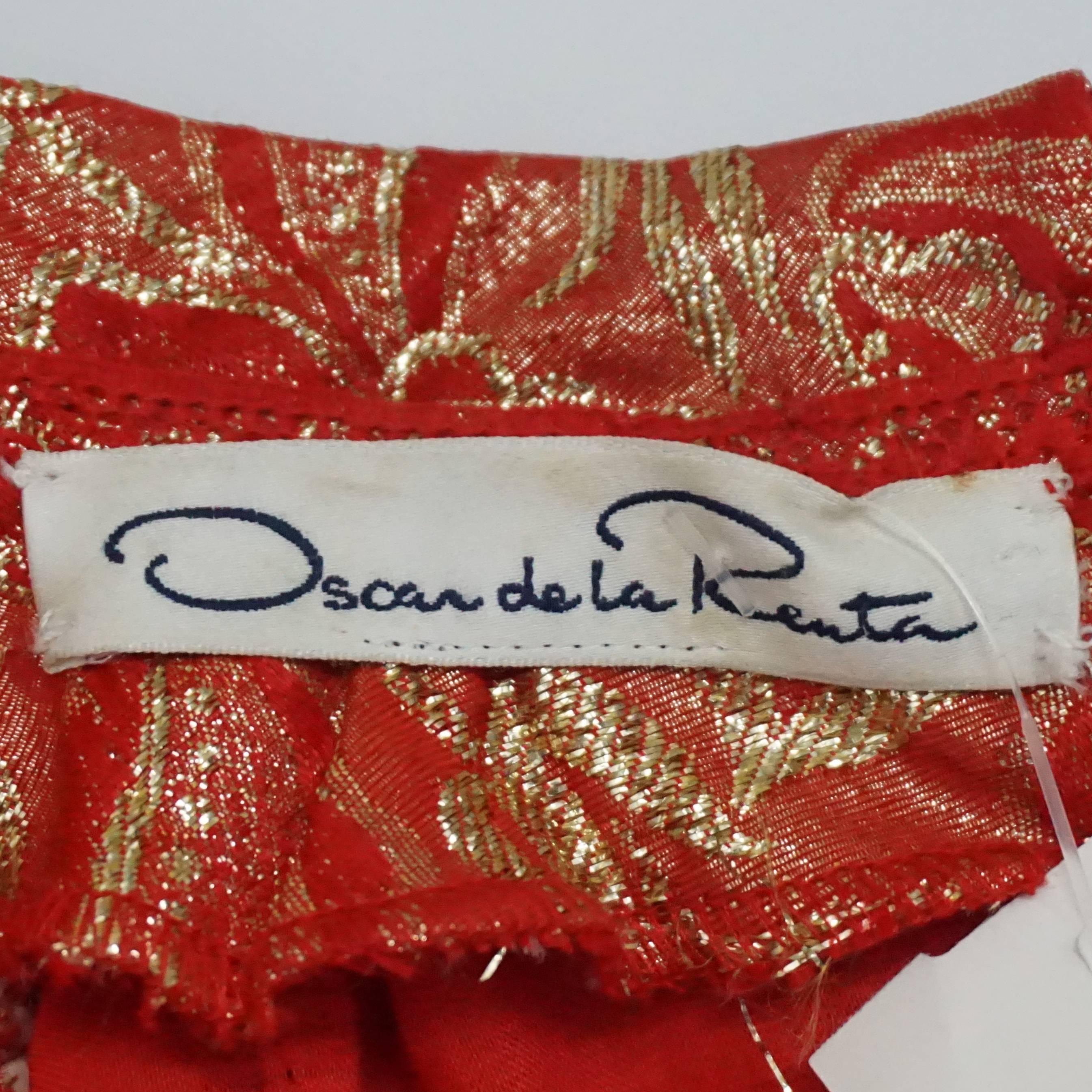Oscar de la Renta Red and Gold Brocade Dress with Beaded Collar - M - 1990's  1