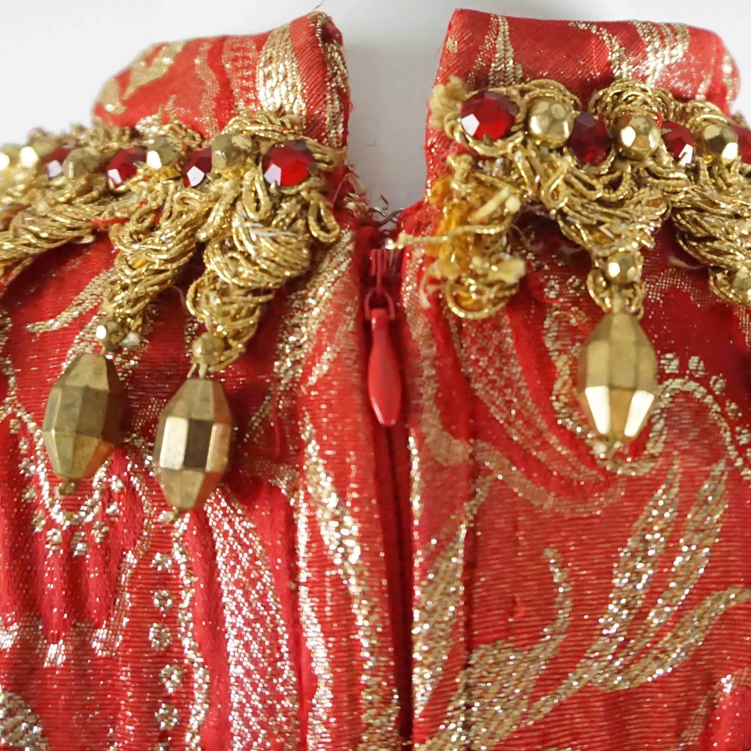 Oscar de la Renta Red and Gold Brocade Dress with Beaded Collar - M - 1990's  2
