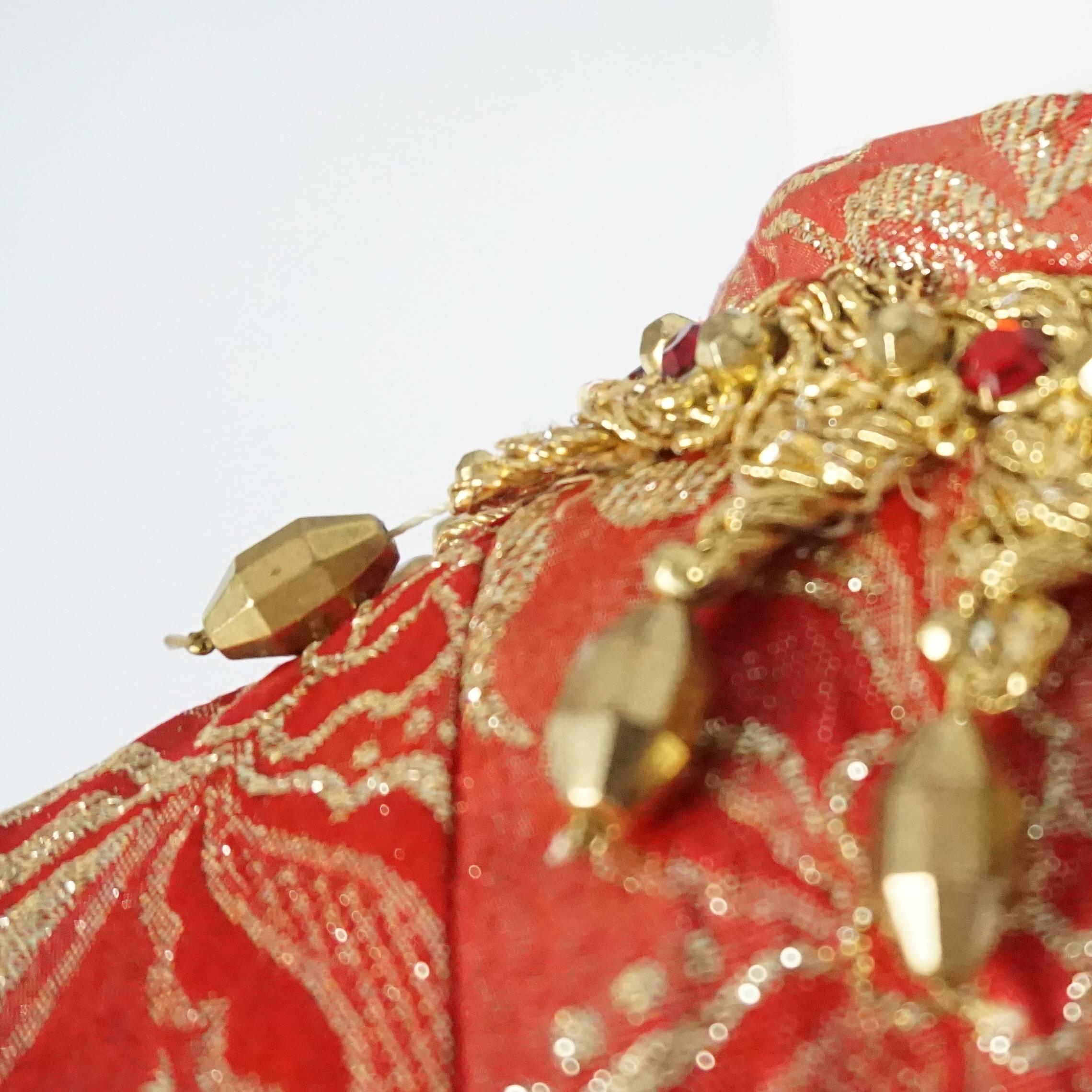 Oscar de la Renta Red and Gold Brocade Dress with Beaded Collar - M - 1990's  3