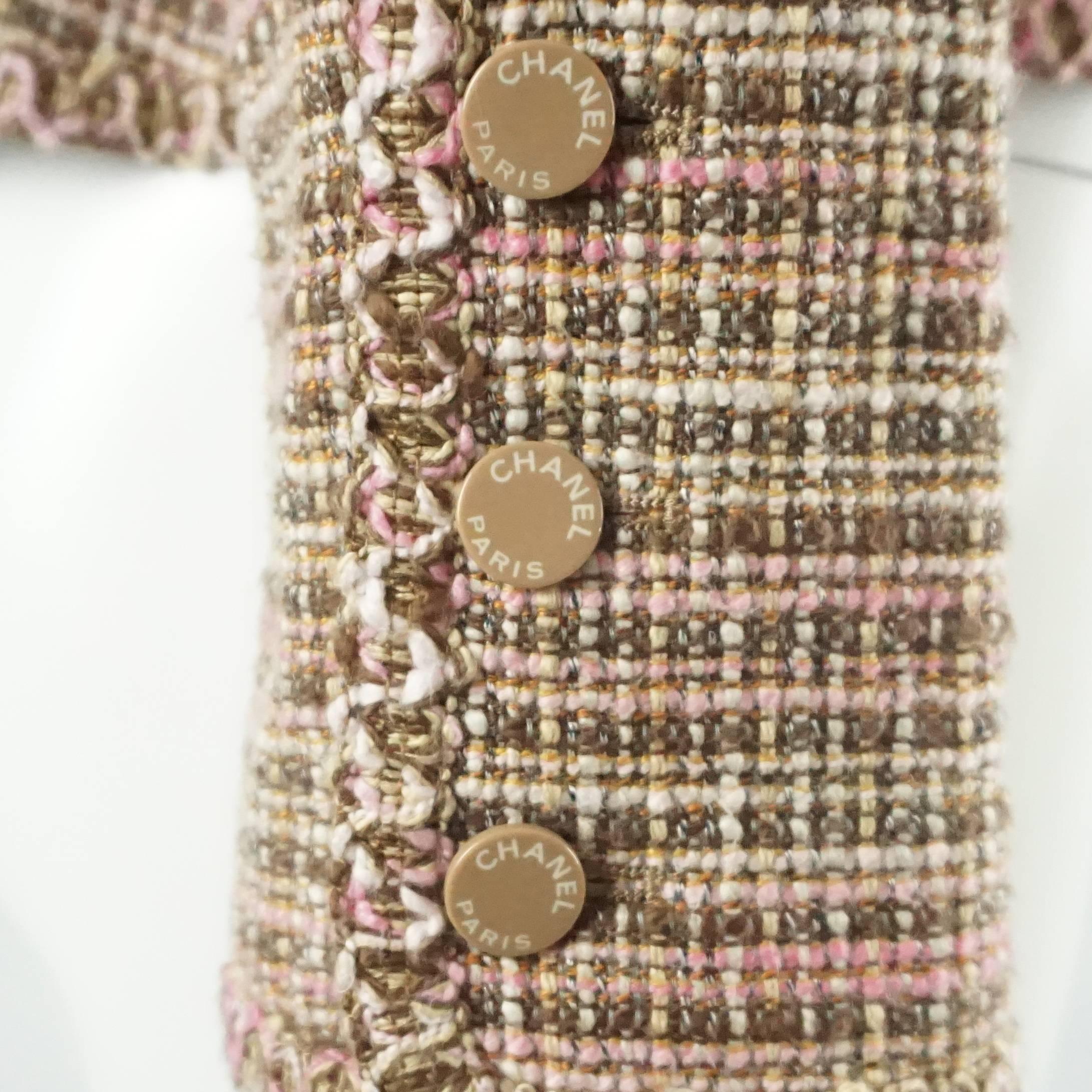 Women's Chanel Brown and Pink Tweed Jacket with 4 Pockets - 42