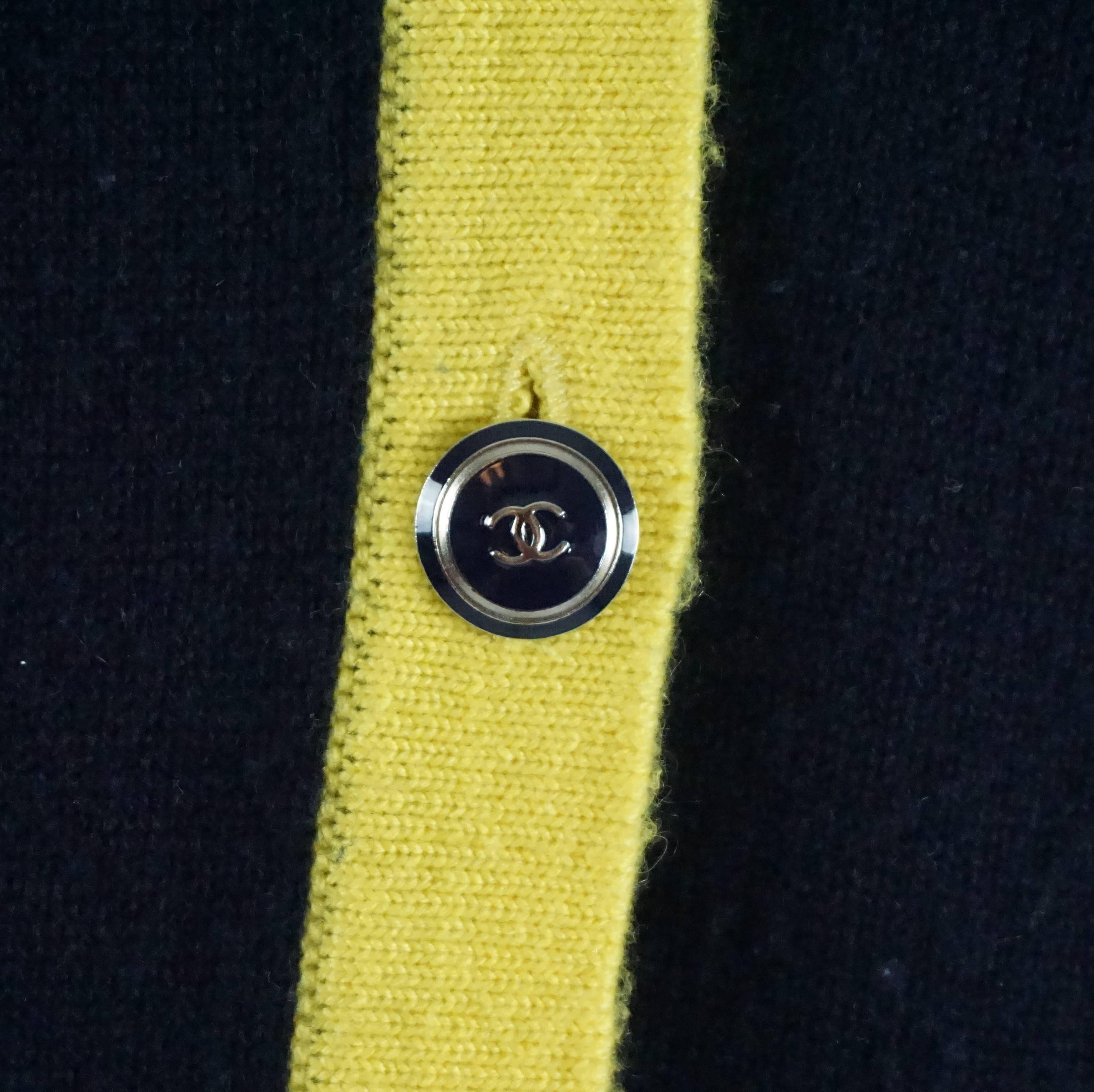 Black Chanel Navy and Yellow Trim Cashmere Sweater - 42