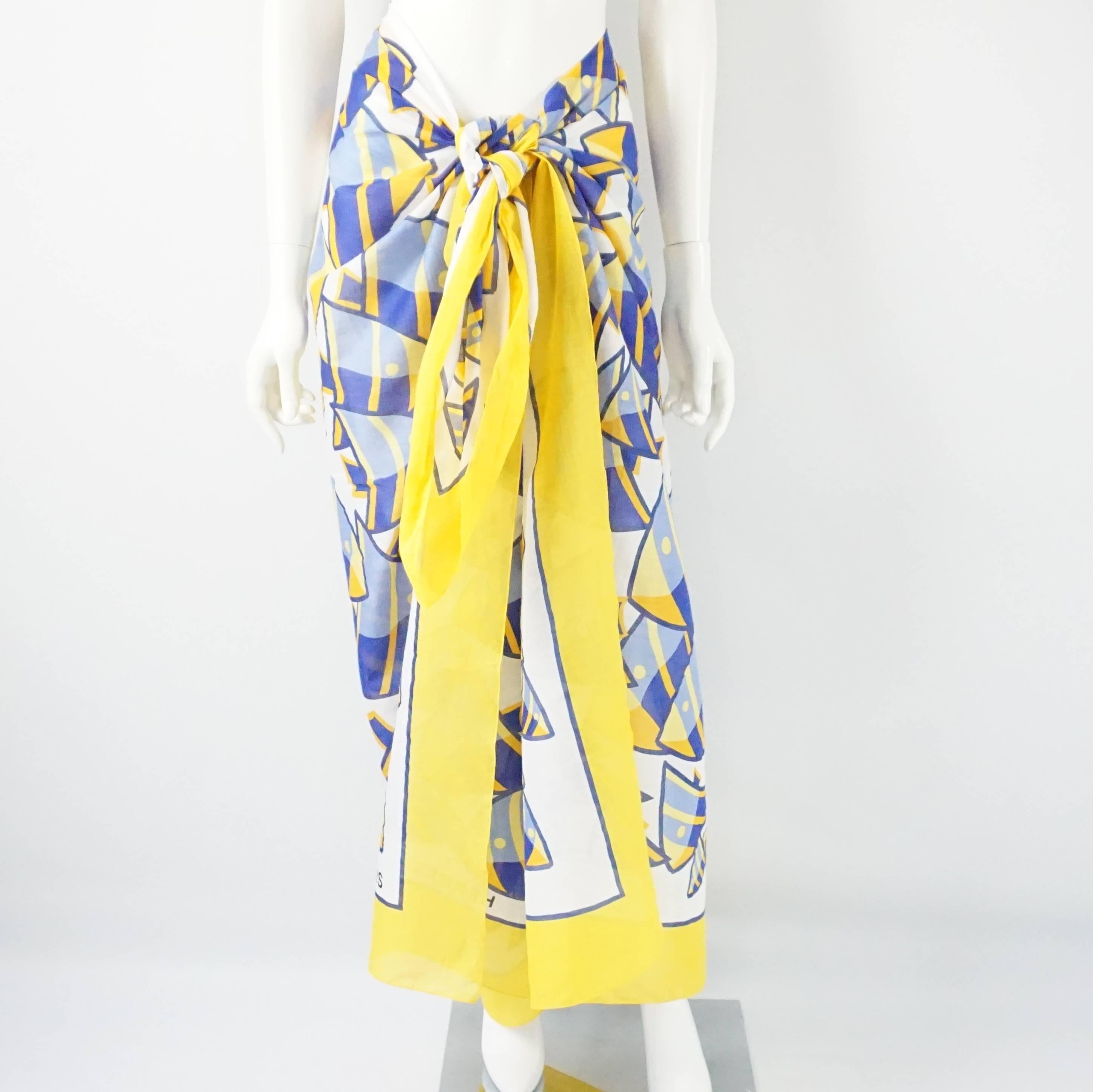 Gray Hermes Blue and Yellow Fish Print Cotton Shawl and Pareo