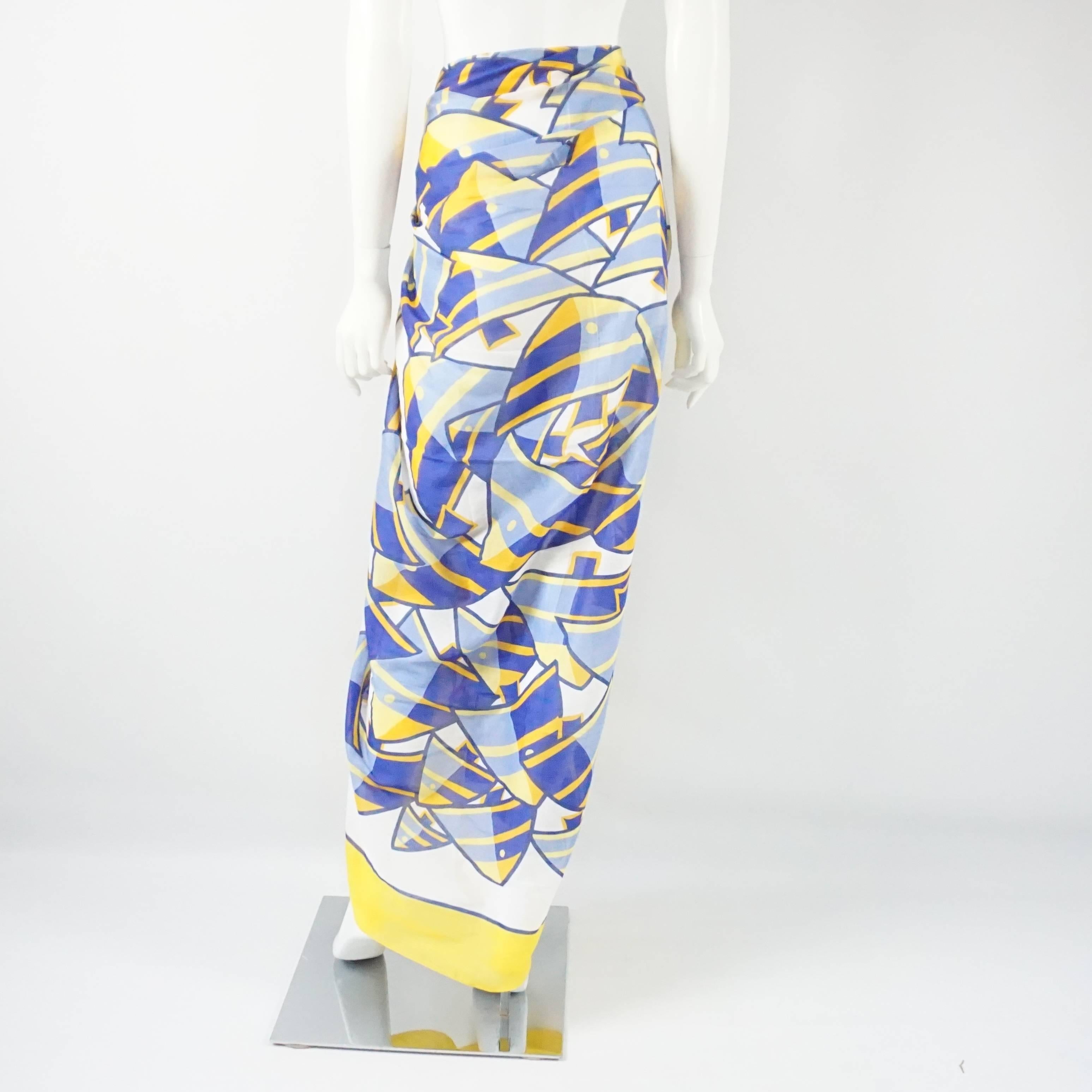 Hermes Blue and Yellow Fish Print Cotton Shawl and Pareo In Excellent Condition In West Palm Beach, FL