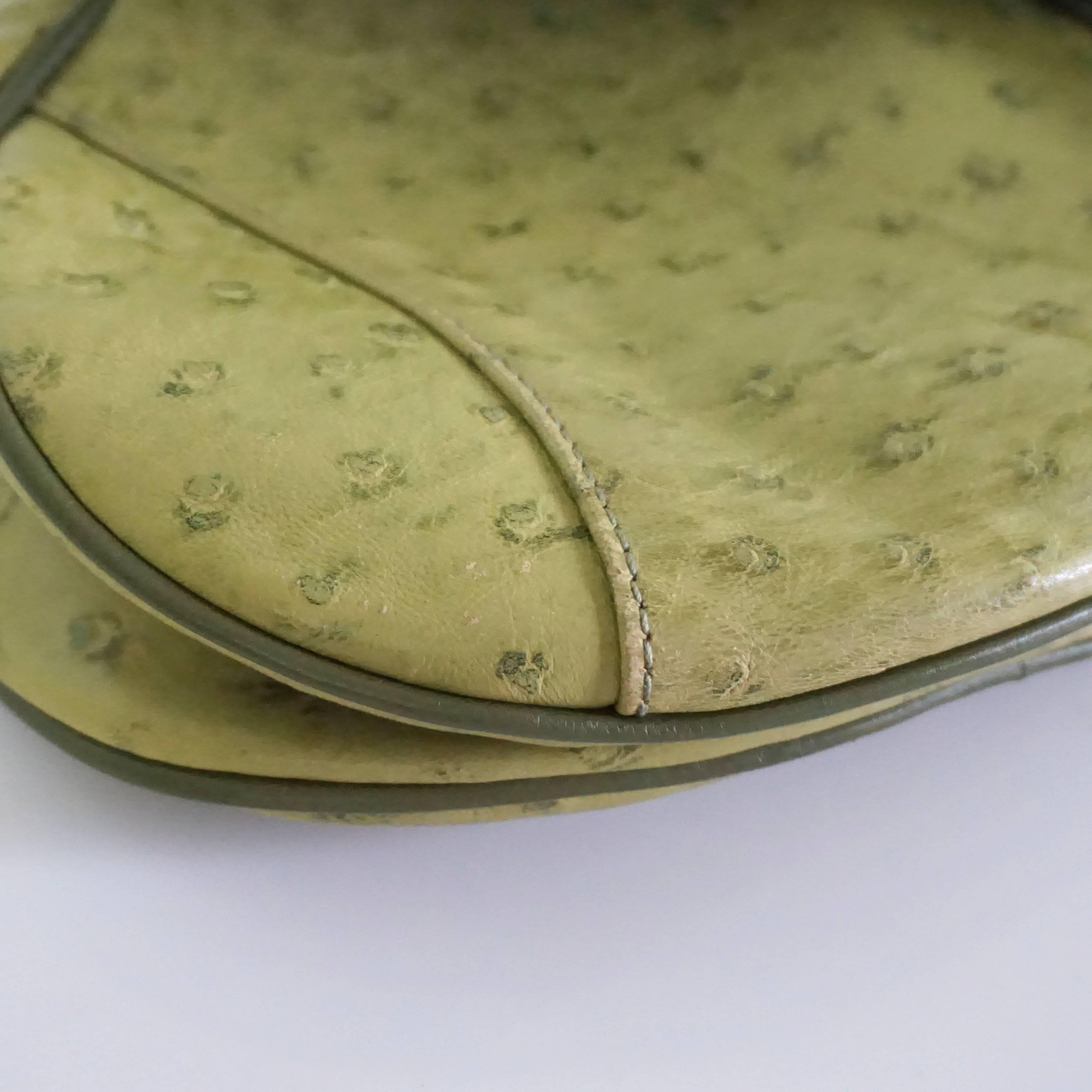 Christian Dior Green Ostrich Saddle Bag with Logo In Good Condition In West Palm Beach, FL