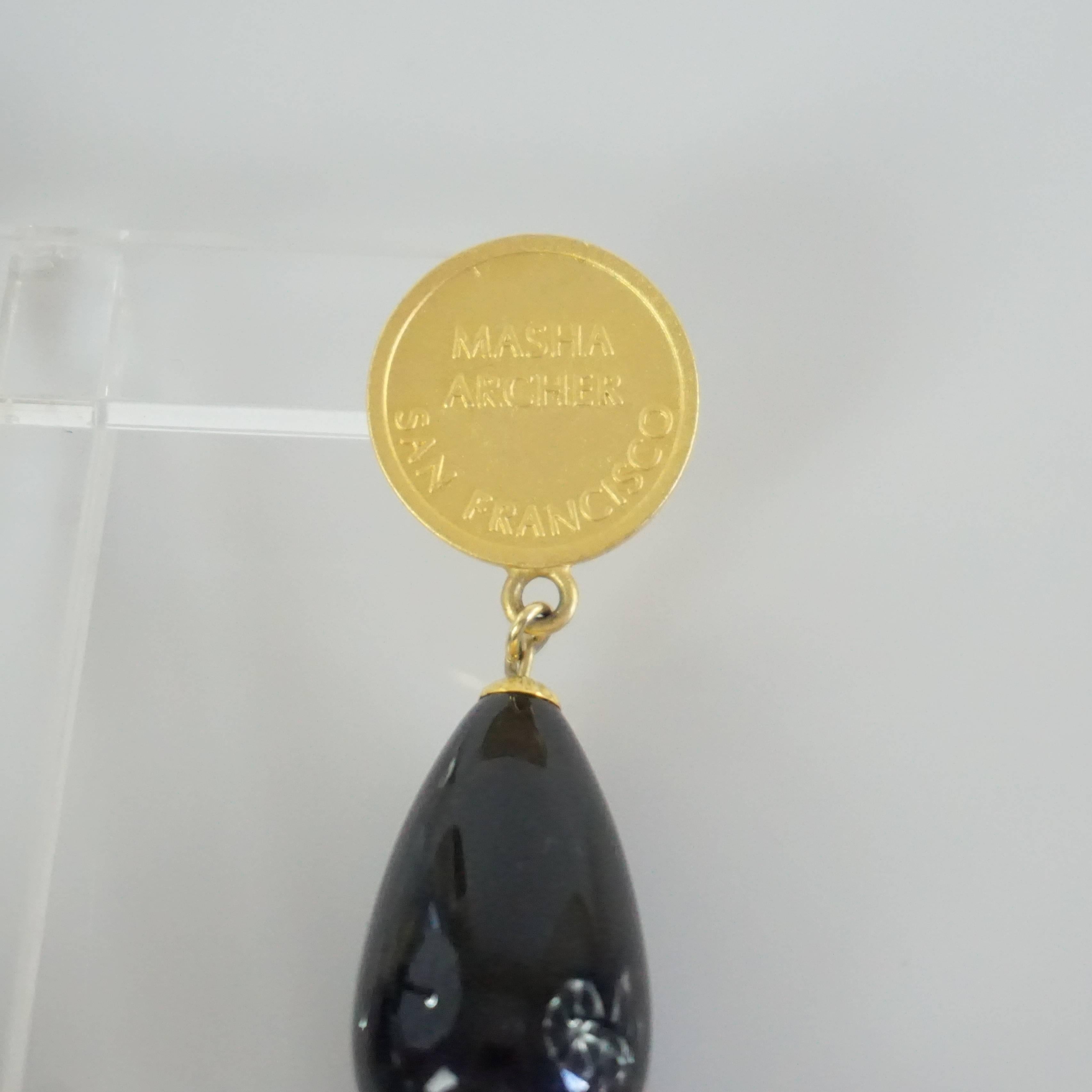 Masha Archer Black Drop Earrings with Lucite and Coin In Excellent Condition In West Palm Beach, FL