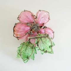 Lawrence Vrba Pink and Green Glass Flower Brooch with Rhinestones