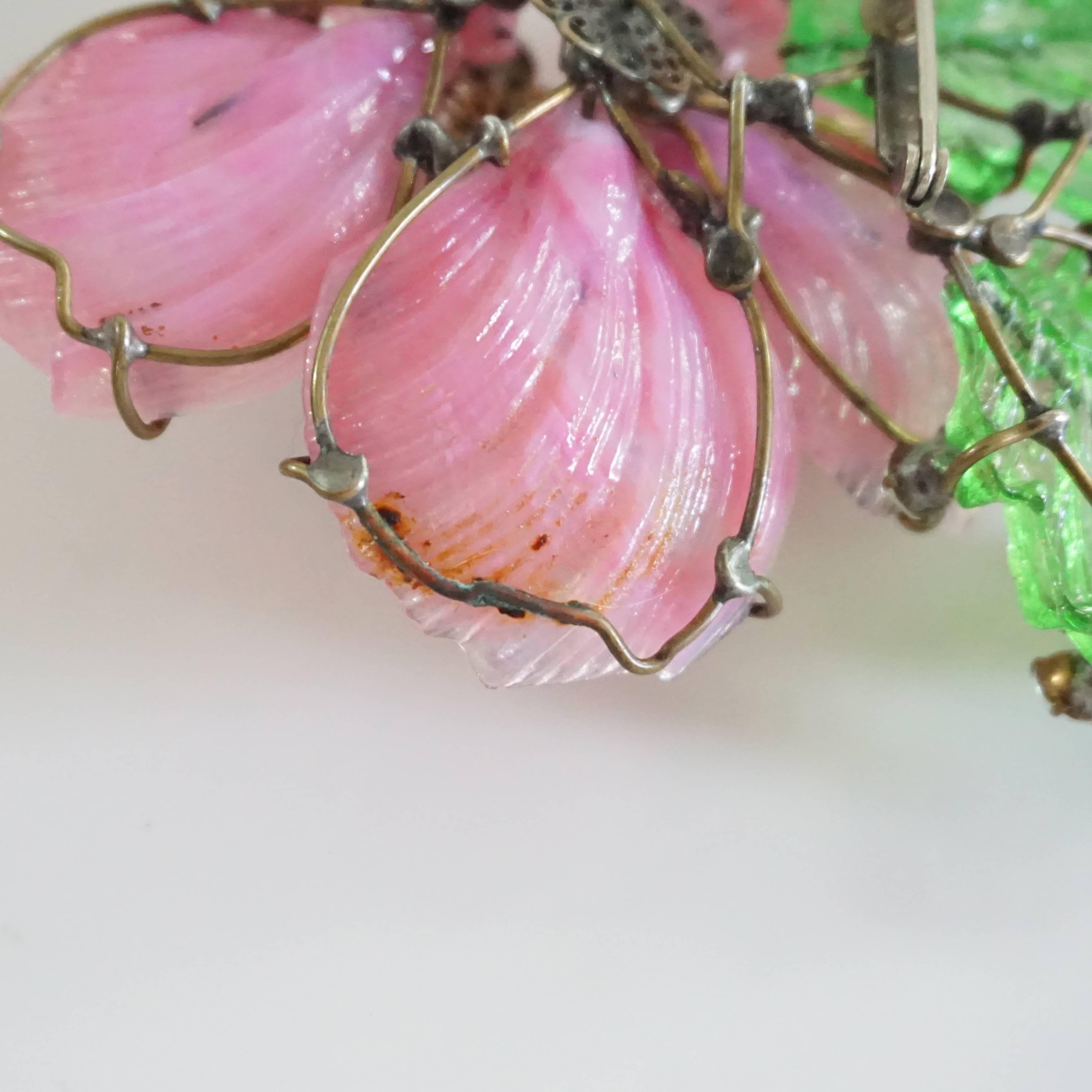 Women's Lawrence Vrba Pink and Green Glass Flower Brooch with Rhinestones 