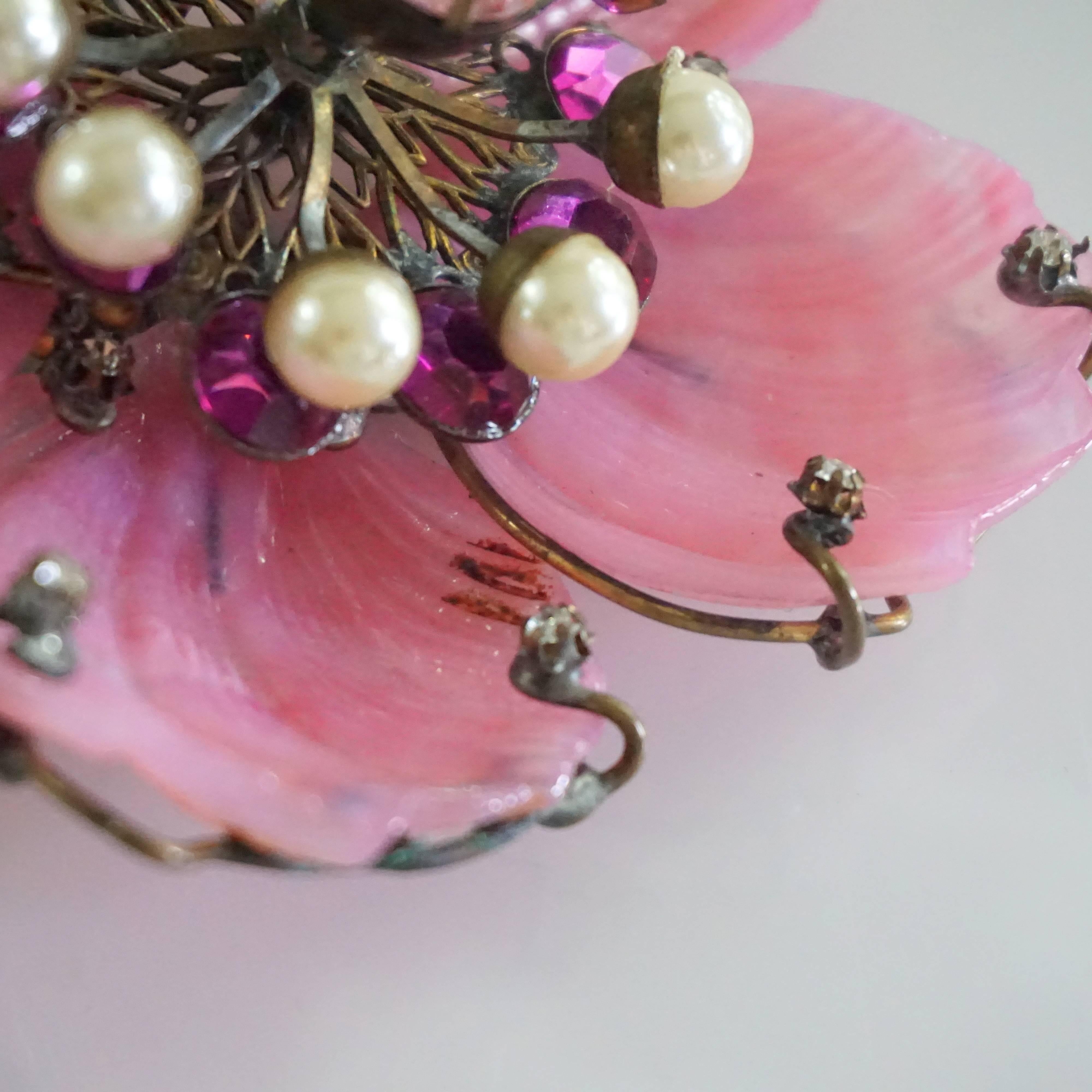 Lawrence Vrba Pink and Green Glass Flower Brooch with Rhinestones  1