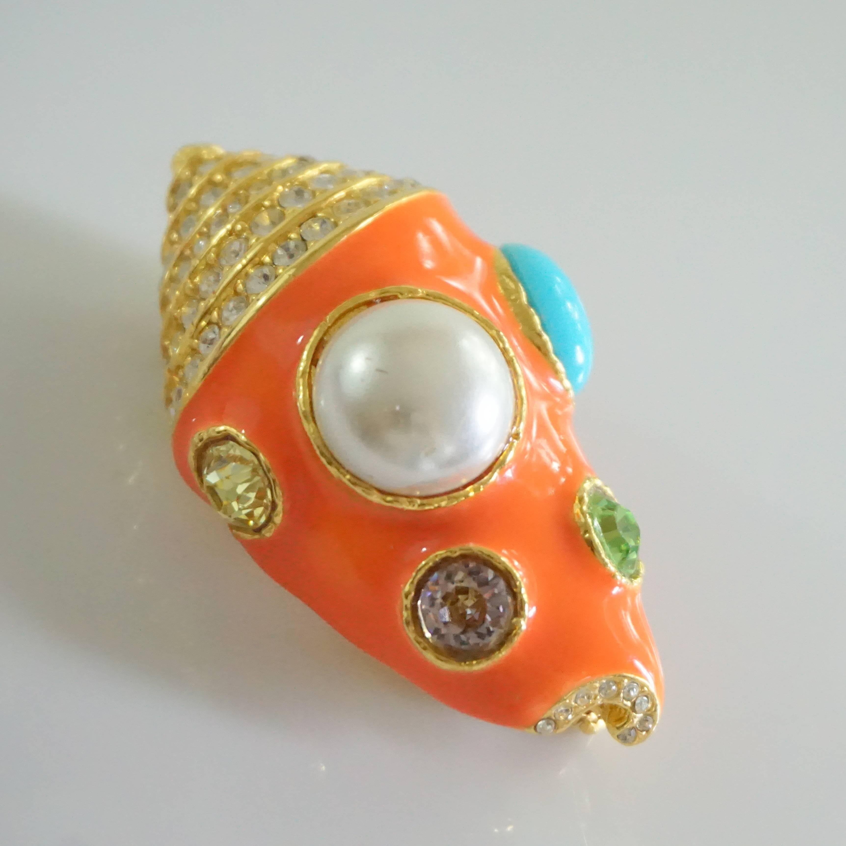 Kenneth Jay Lane Orange Enamel Seashell Brooch with Stones  In Excellent Condition In West Palm Beach, FL