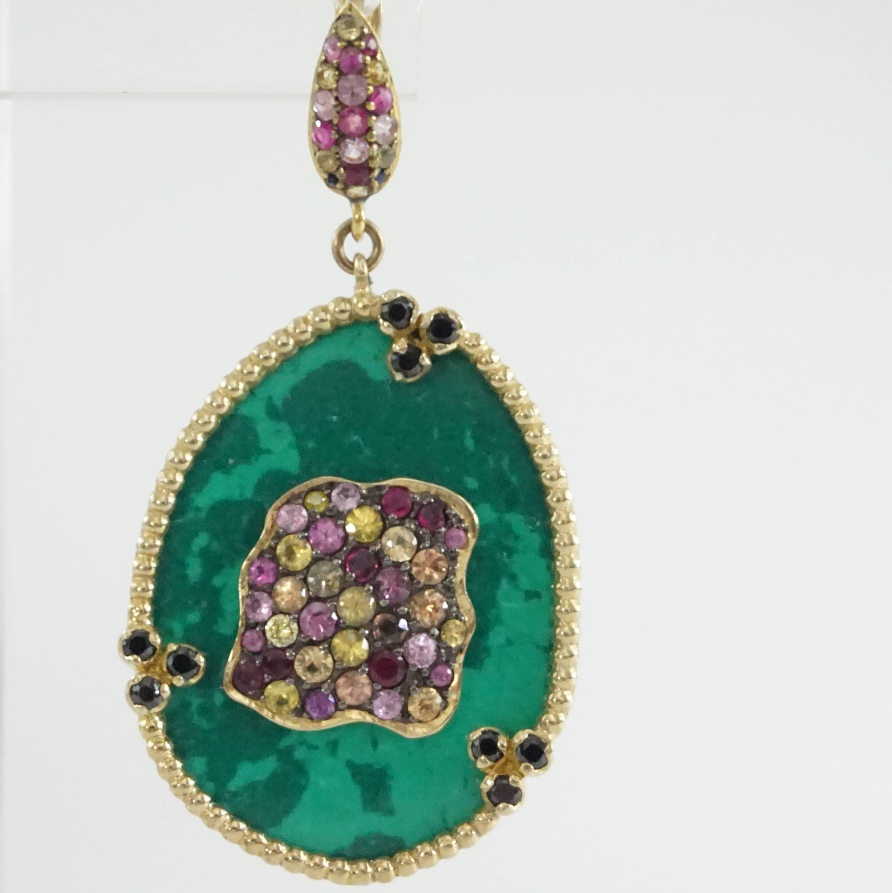 Malachite Gold Vermeil Drop Earrings with Pink and Yellow Sapphires  In Excellent Condition In West Palm Beach, FL