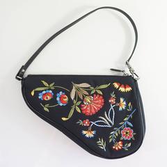 Christian Dior Black and Multi Floral Embroidered Saddle Bag - SHW