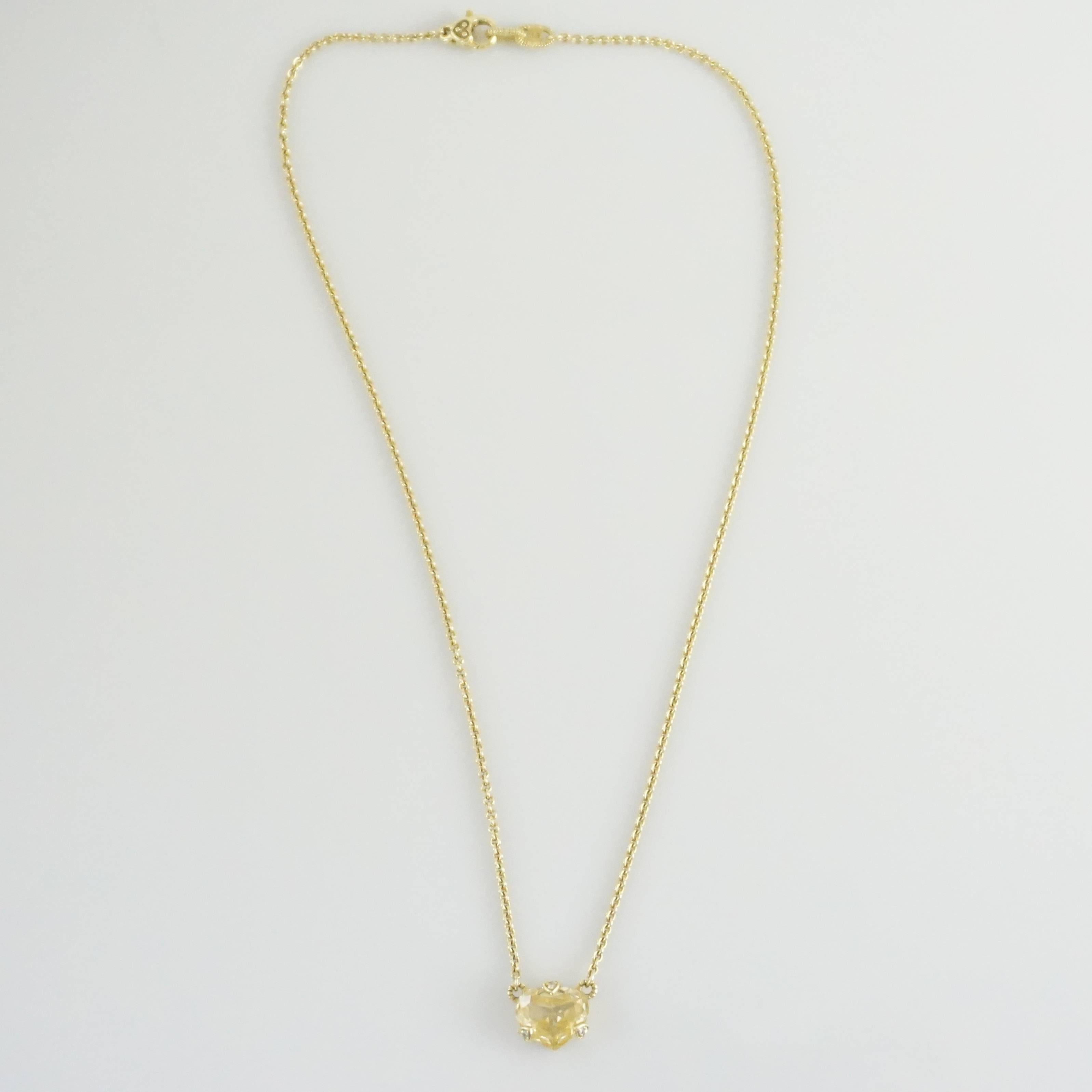 This beautiful Judith Ripka necklace has a chain and detailing of 18K gold, a canary quartz heart, and diamonds inside heart shaped gold. This necklace is in excellent condition.

Measurements
Drop: 8.25 in. 
Heart Width: 0.5 in.