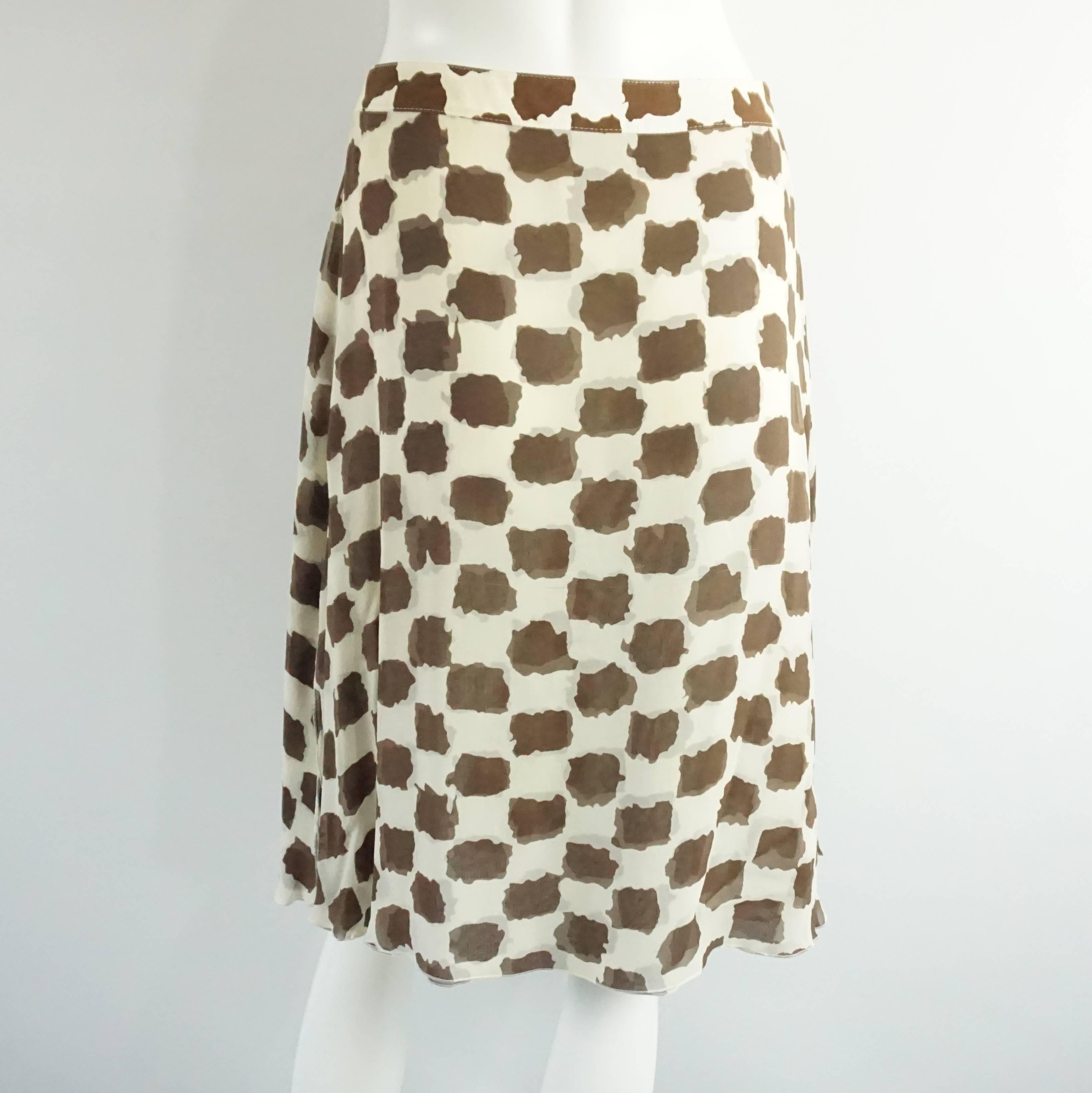 White Valentino Brown and Ivory Printed Silk Chiffon Skirt - 8 - 1980's 