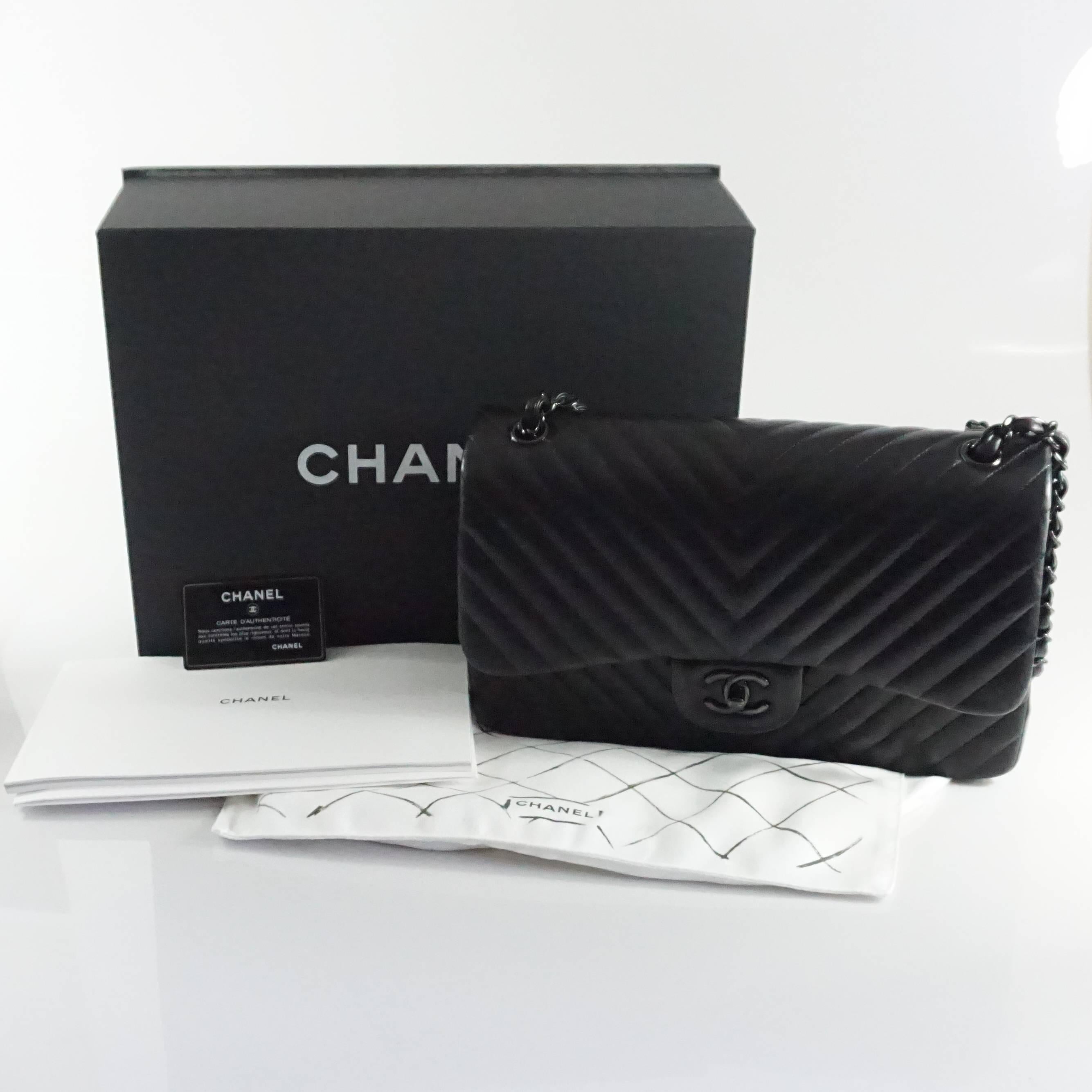 Chanel New Limited Edition So Black Chevon Jumbo Double Flap Bag - 2015/2016 4
