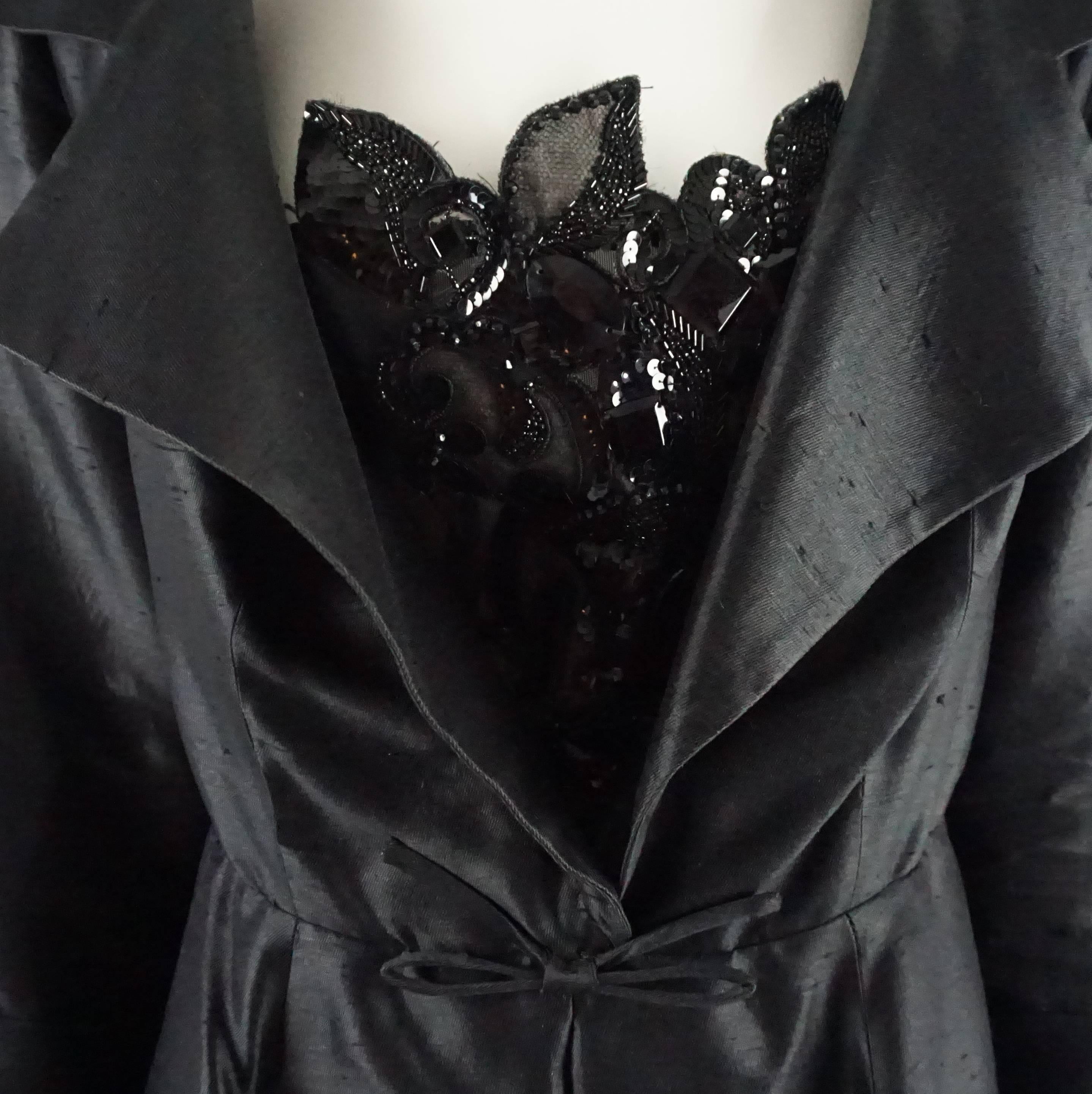 Christian Dior Vintage Black Silk Coat-Dress with Beading and Petticoat - L In Excellent Condition In West Palm Beach, FL