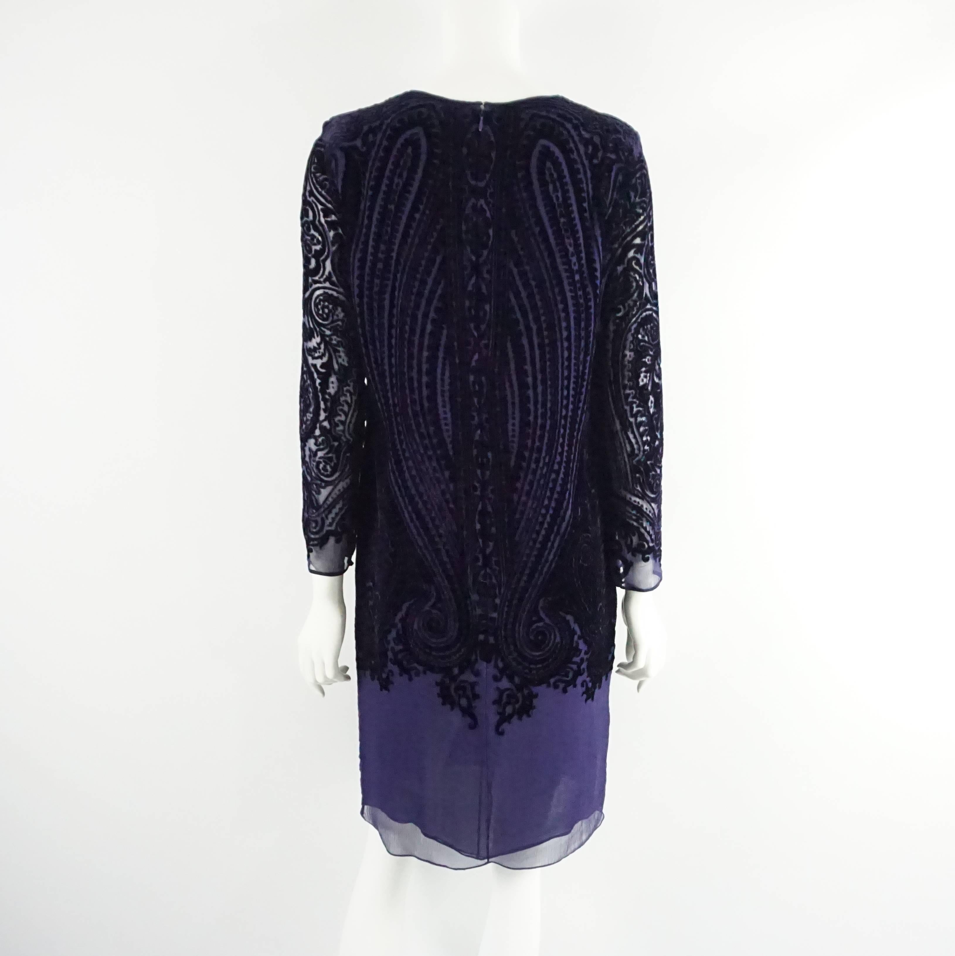 Black Oscar de la Renta Purple Silk Cut Velvet Long Sleeve Dress - M