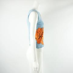 Lucien Pellat-Finet Blue Cashmere Blouse with Orange Hibiscus - S