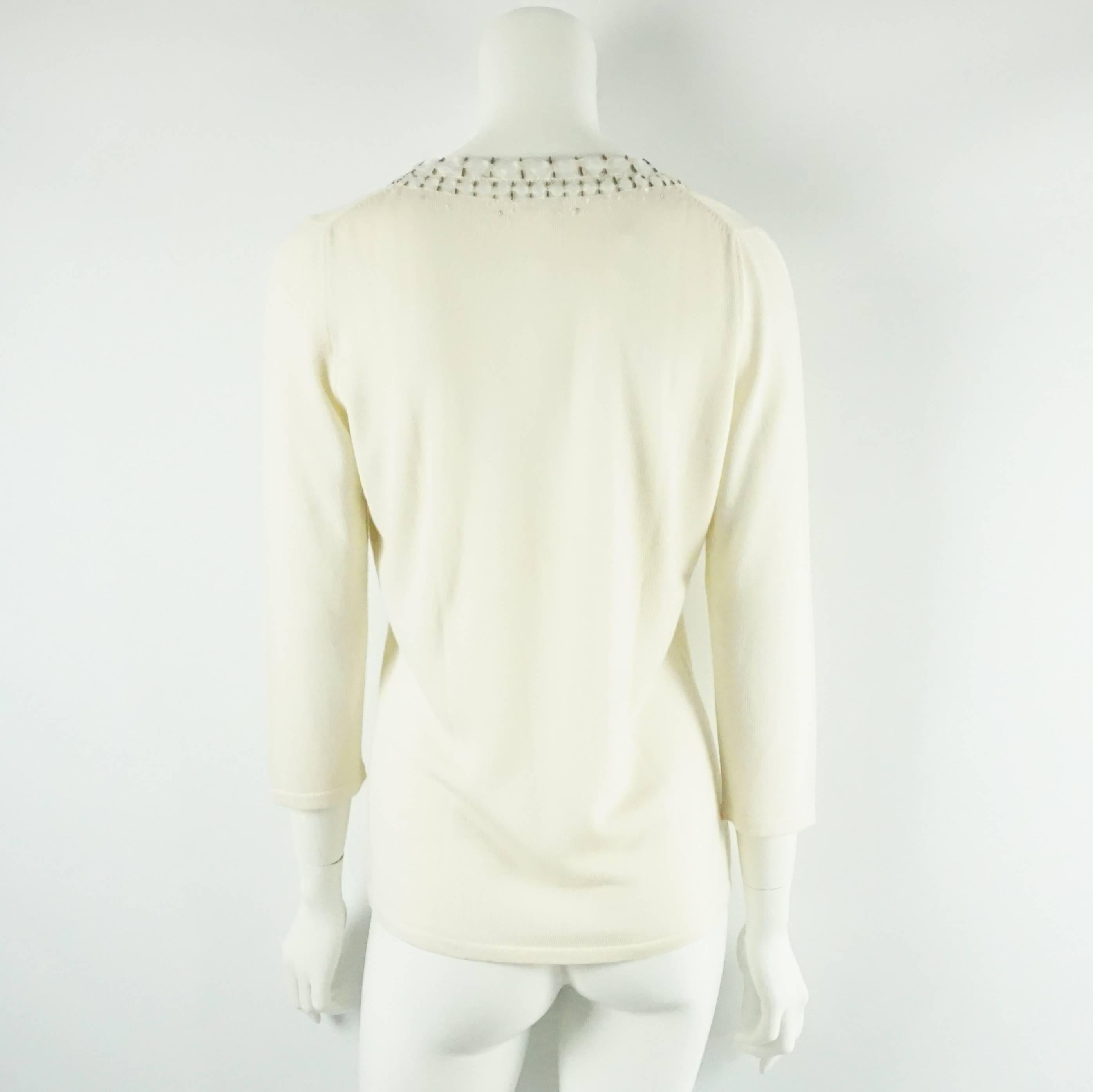 Beige Oscar de la Renta Ivory Cashmere/Silk Sweater with Stones - L