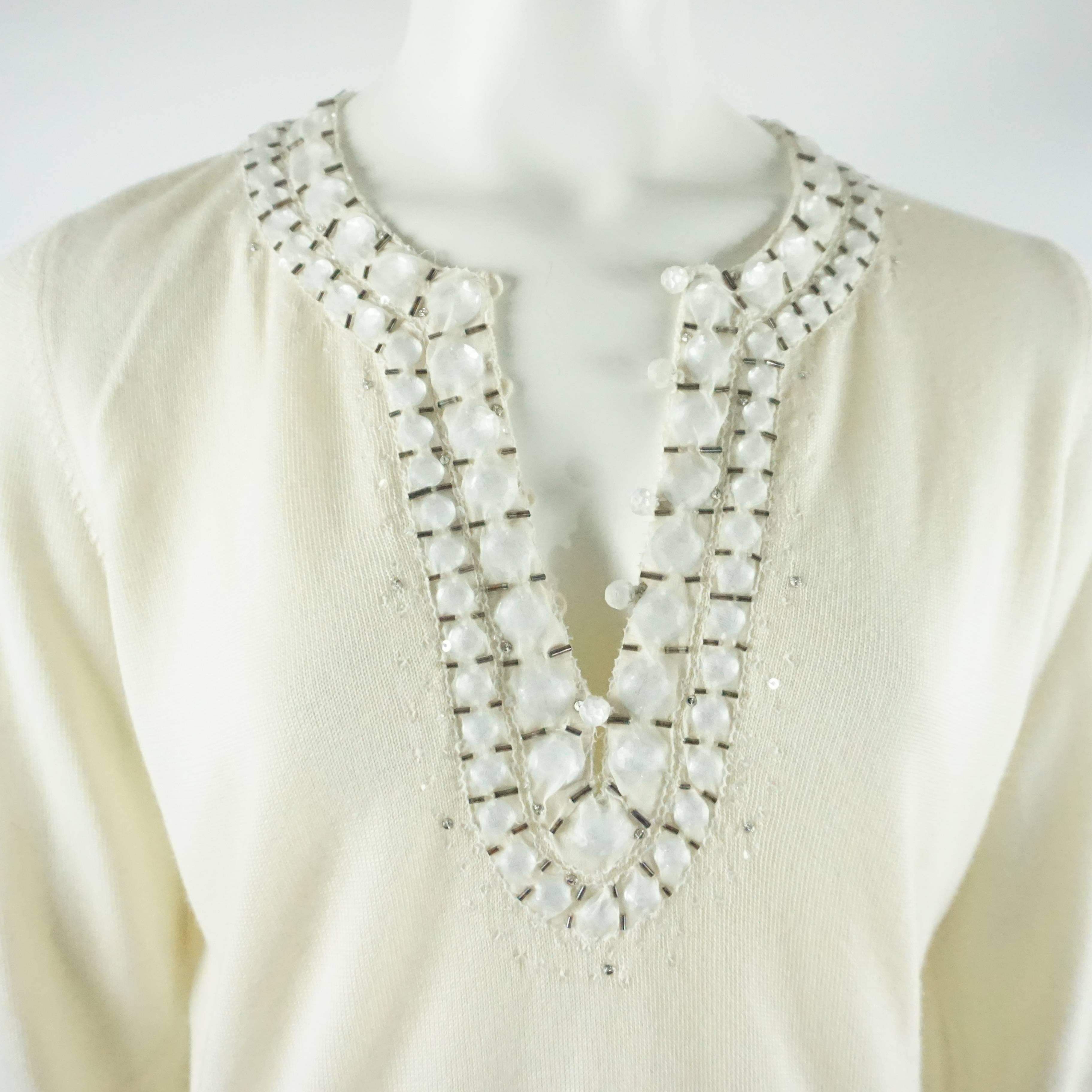 Oscar de la Renta Ivory Cashmere/Silk Sweater with Stones - L In Excellent Condition In West Palm Beach, FL